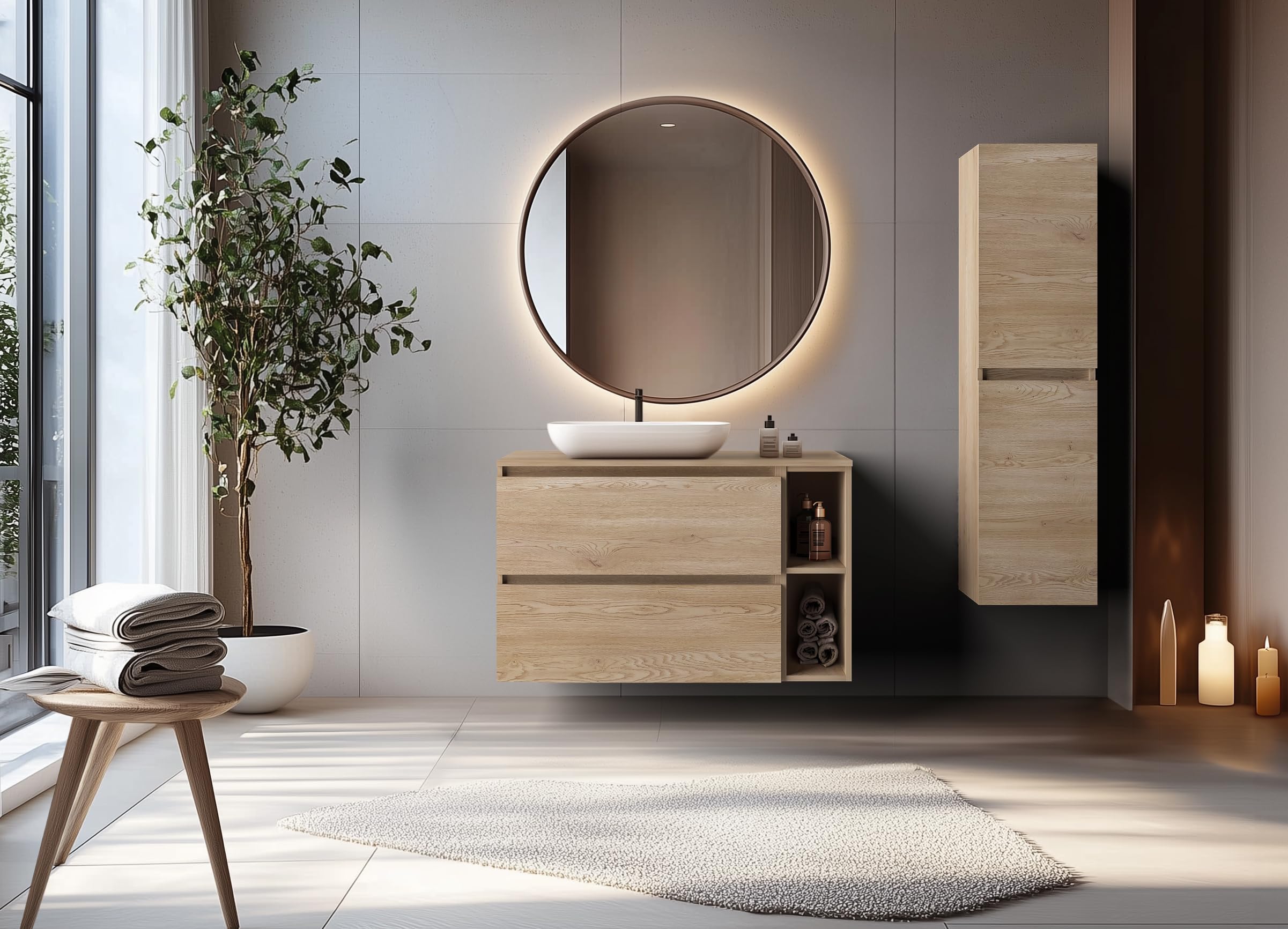 3E 3xE living.com Badezimmerschrank 100 cm (80 + 20) mit oberer Arbeitsplatte, helle Eiche, 100 x 77 x 46 cm