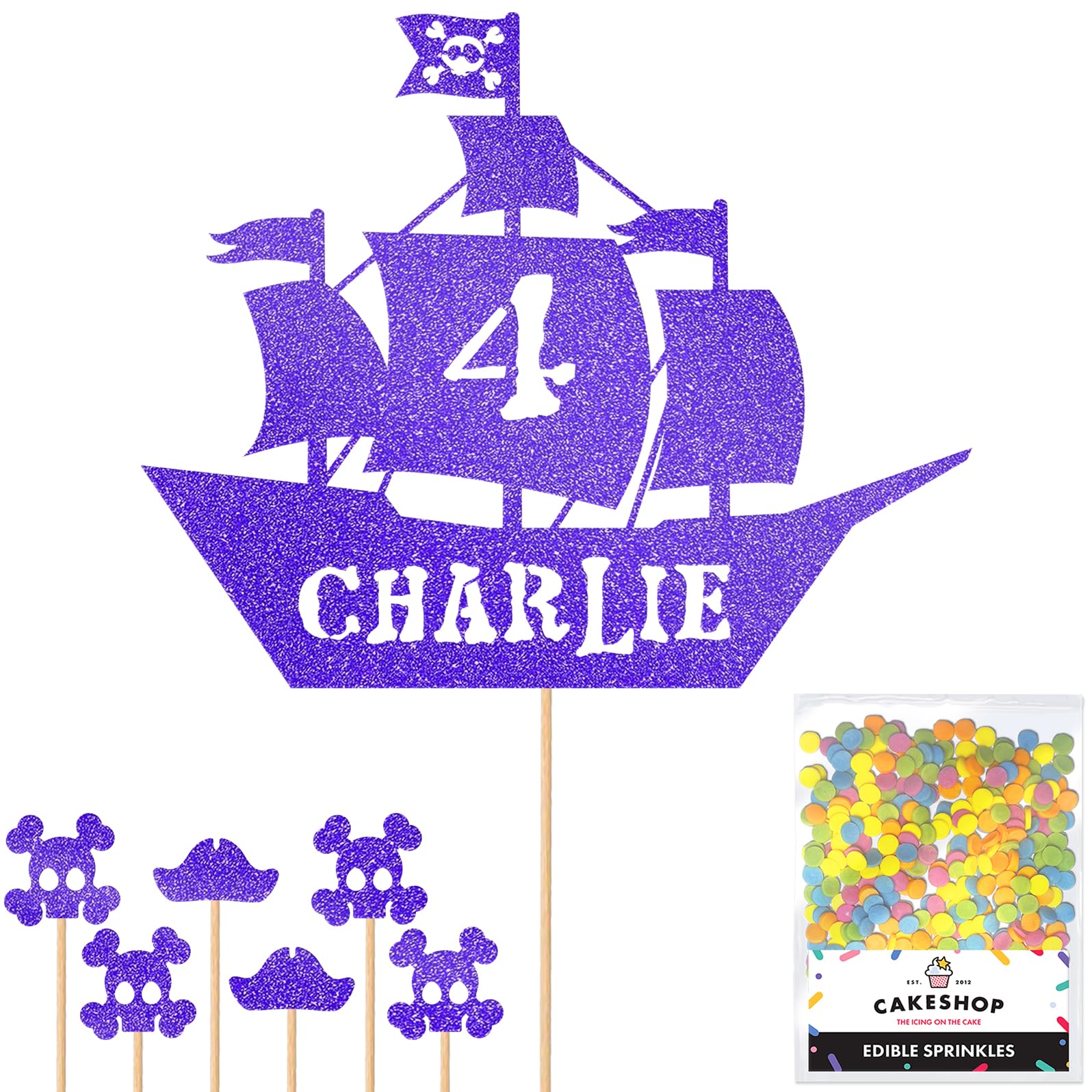 Personalised Birthday Pirate Ship Glitter Cake Topper- Blue Any Custom Age & Name Glitter Cake Decoration and Sprinkles - Happy Birthday Decorations - Personalised Toppers for Cakes by Cakeshop — image 1