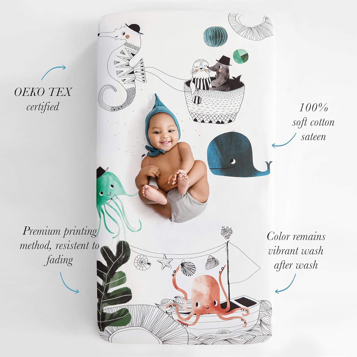 Rookie Humans 100% Cotton Sateen Fitted Crib Sheet: Underwater Love. Modern Nursery, Use as a Photo Background for Your Baby Pictures. Standard Crib Size (52 x 28 inches) Ocean Themed Baby Crib Sheet