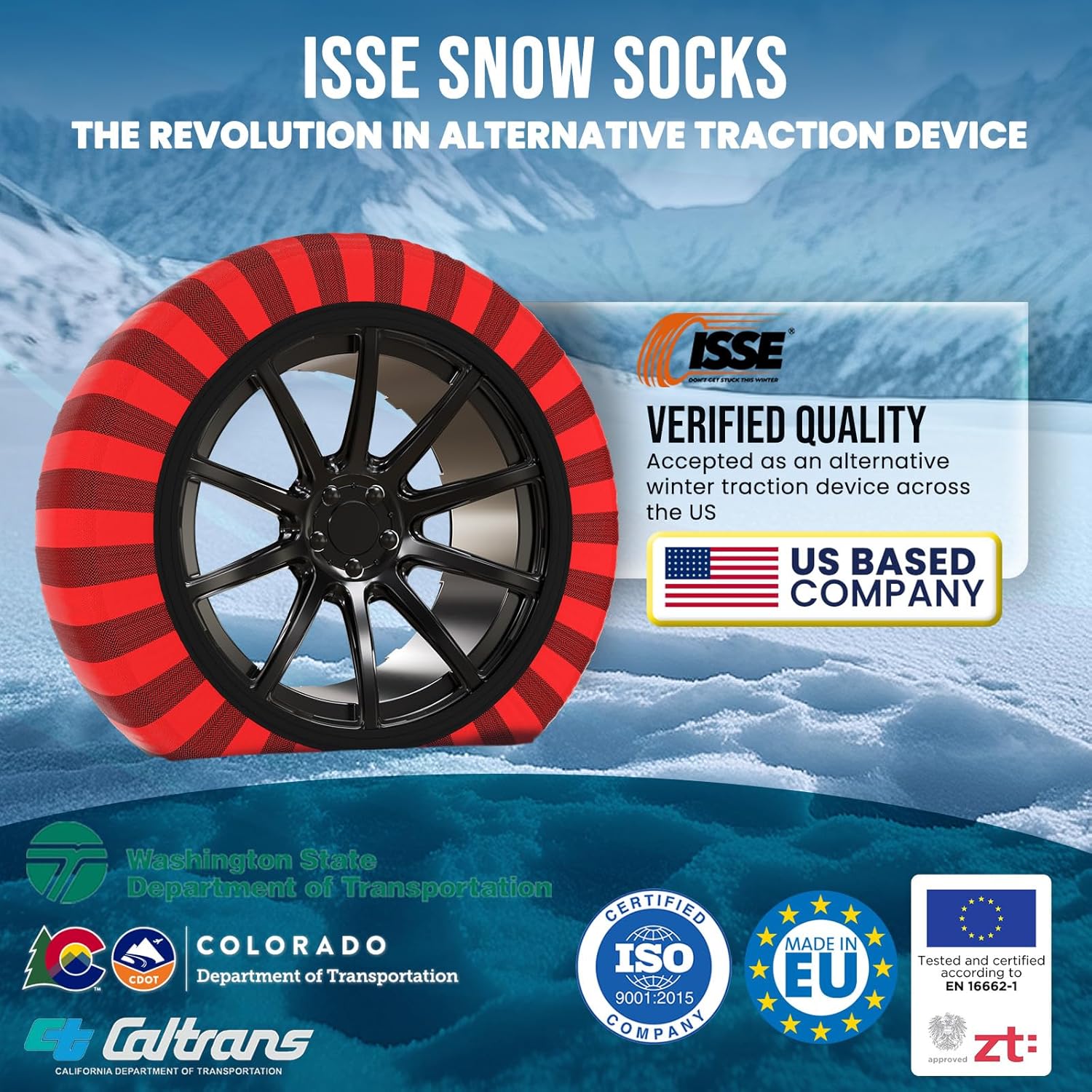 ISSE Classic Snow Socks for Tires. Designed for All Tire Brands. Textile Chain Replacement for Optimal Traction in Snow & Ice. Easy Install. Emergency Winter Safety Solution, Multi-Season Use. Size 70