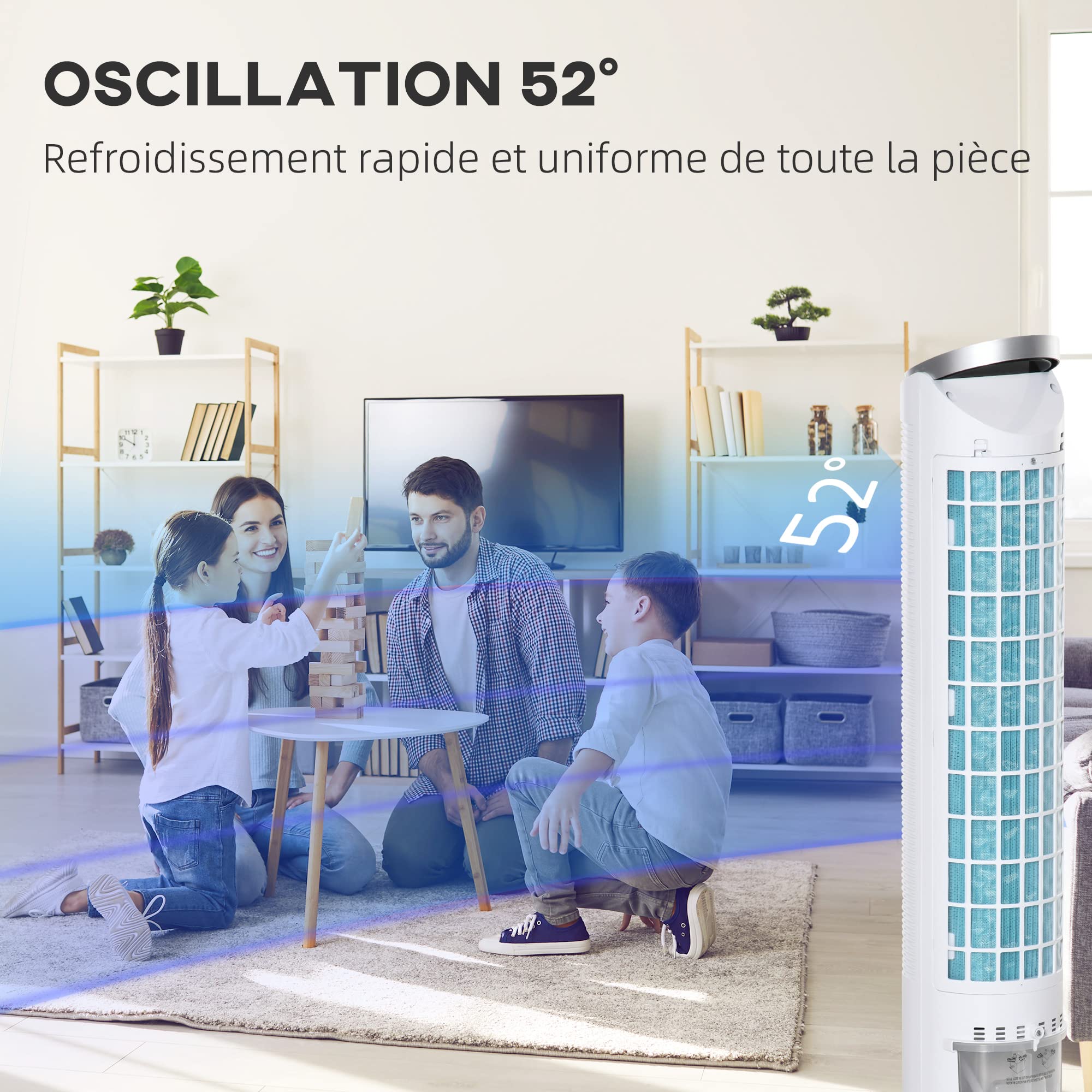 HOMCOM Rafraîchisseur d'air/ventilateur colonne/humidificateur/purificateur 4 en 1-oscillant-timer, 3 modes, 3 vitesses - télécommande réservoir 2L avec 2 blocs réfrigérants
