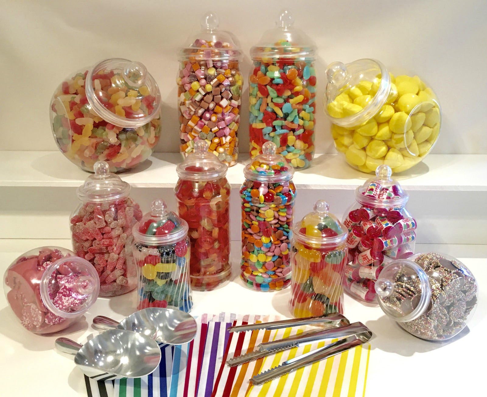 Jumbo 12 Assorted Jars 2 Scoops, 2 Tongs, 100 Bags - Vintage Victorian Pick & Mix Sweet Shop Candy Buffet Kit Party Pack (Black)