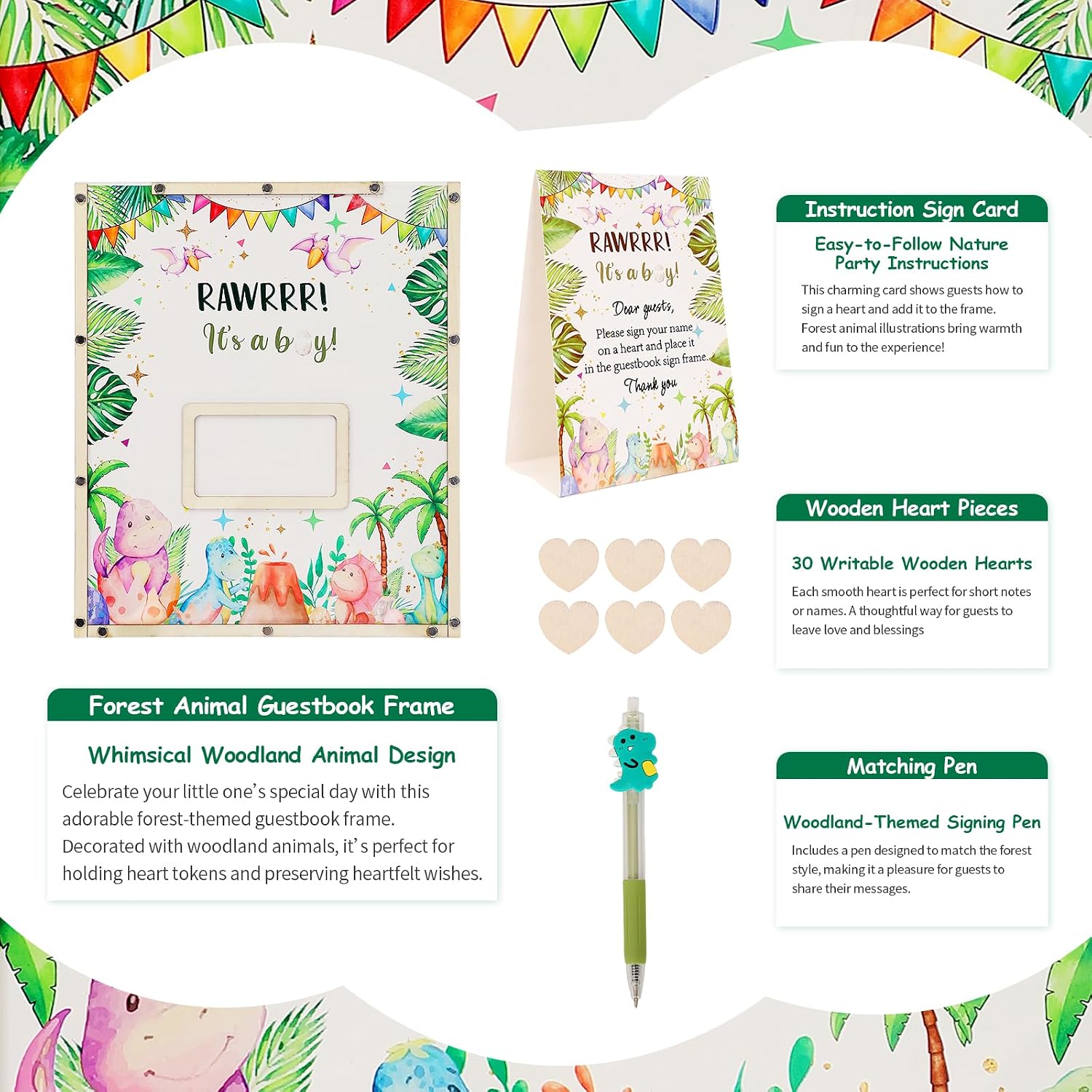 Dinosaur Baby Shower Decorations,Hatching Soon Baby Shower Guest Book Alternatives with Dinosaur Pen,Photo Frame and 60 Heart Wood Slices for 60 Guests,Its a Boy Gender Reveal Decorations image 3