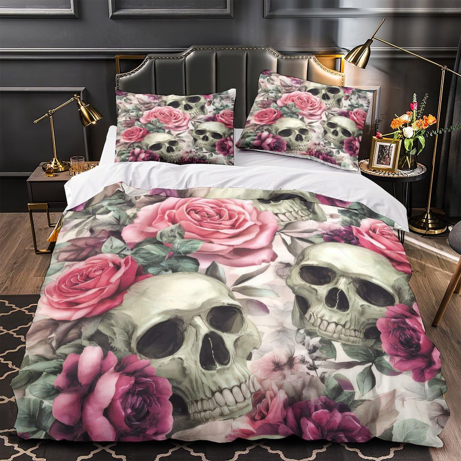MMDASBVPE Skull_roses_floral Quilt Cover 3D Print Super Soft 3 Pcs Bedding Set Hidden Zipper Comforter Cover Ultra Soft Wrinkle-Resistant for Teens Adults Women Kids Girls Boys Super king（260x220cm）