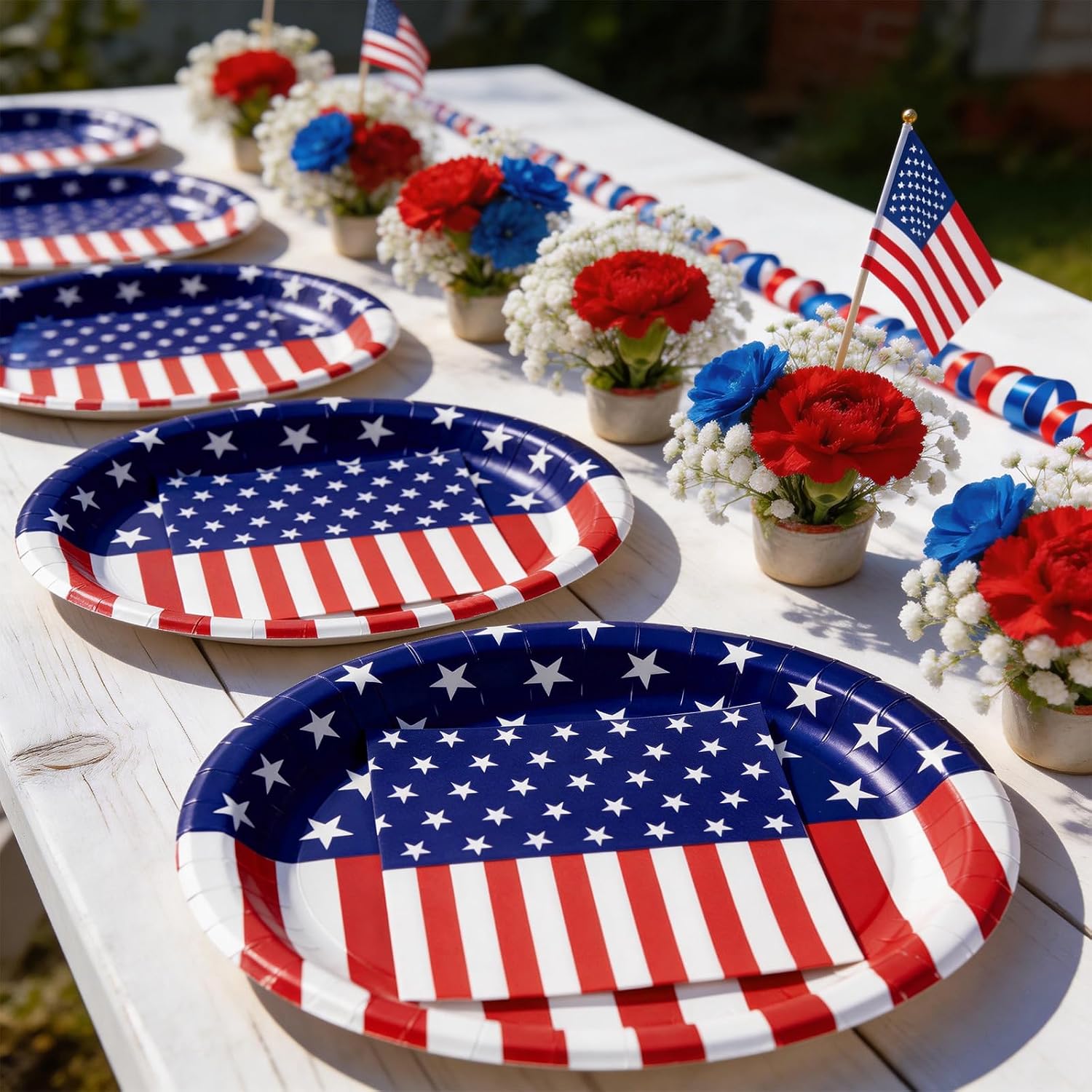 100 Pcs Patriotic Oval Paper Plates and Napkins, 12"×10" Large Disposable Red White Blue American Flag Themed Tableware Set Heavy Duty for Veterans Day Election Day 4th of July Independence Day Decor