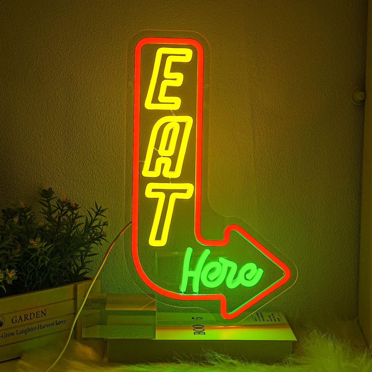 LMSIGNLY Eat Here Neon Schild für Wanddekoration Küche Neon licht bunte LED Neon Schilder Pfeil führte Neon Lichter für Restaurant Küche Wohnzimmer Dekoration