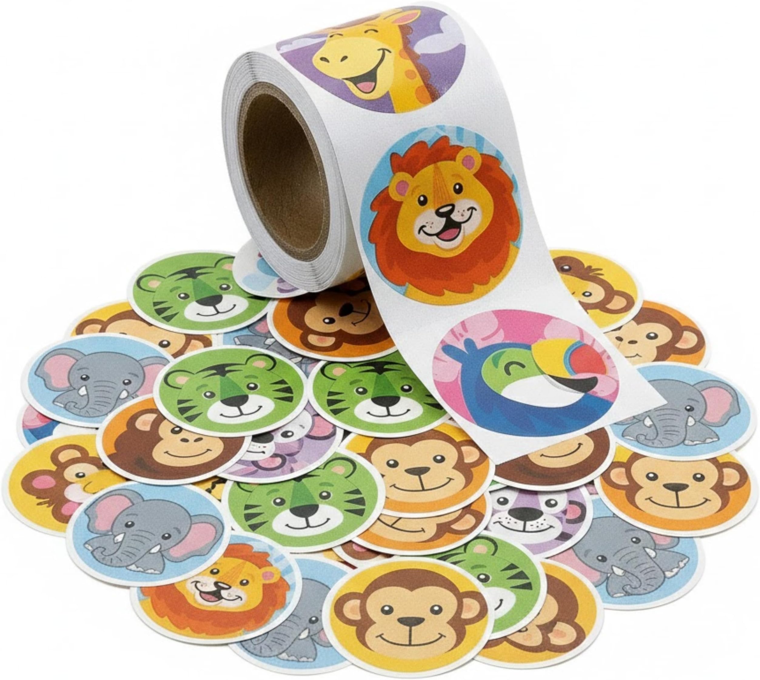 Zoo Animal Stickers (Roll of 100) – 1.5” Round, 6 Cool Designs - Great for Kids, Teachers, Party Favors, Rewards, Craft Projects, Water Bottles, Scrapbooks, Calendars, Planners, and Journals