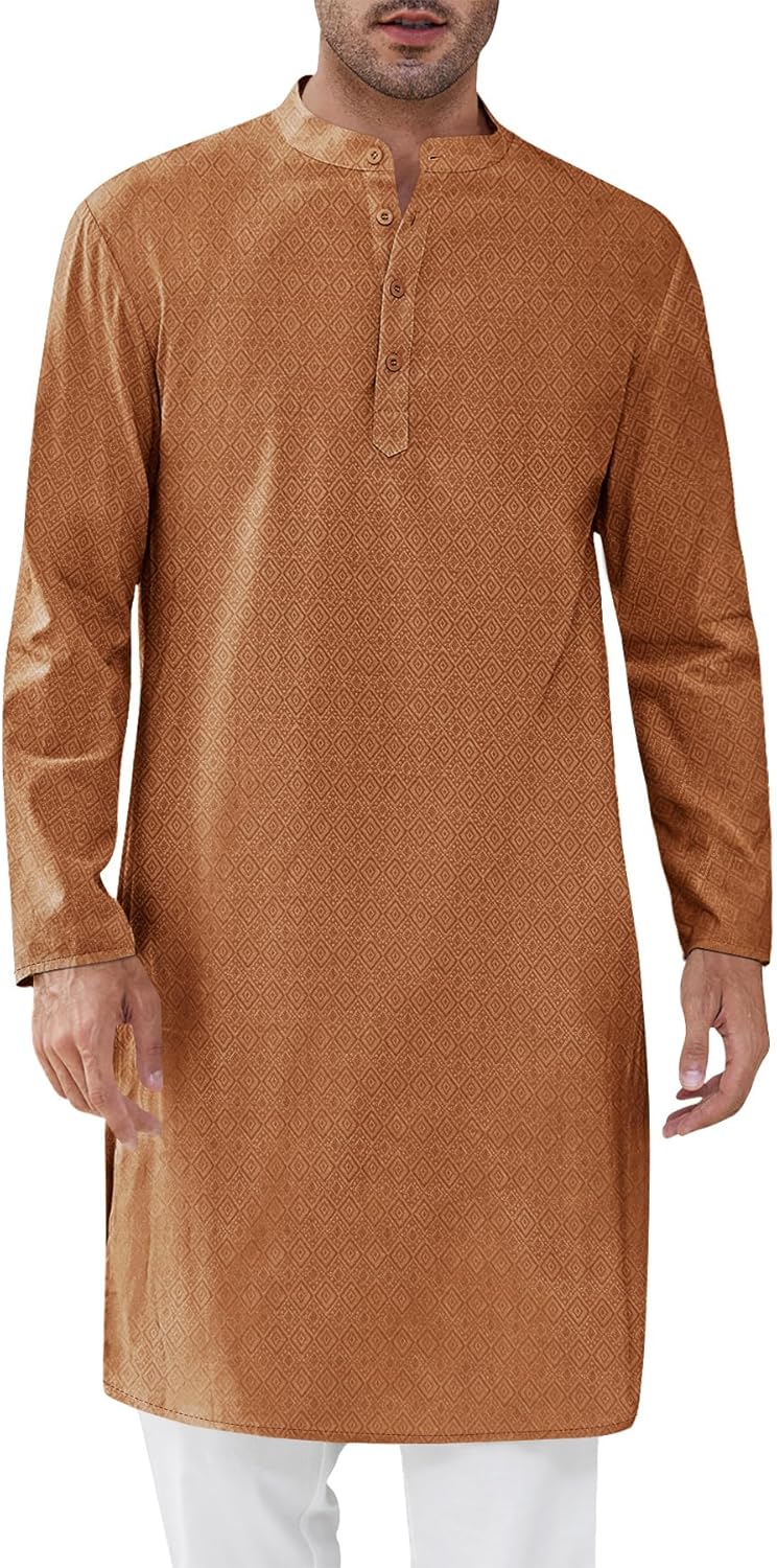 Runcati Mens Kaftan Thobe Textured Henley Shirt Long Sleeve Robe Casual Muslim Gown Shirt
