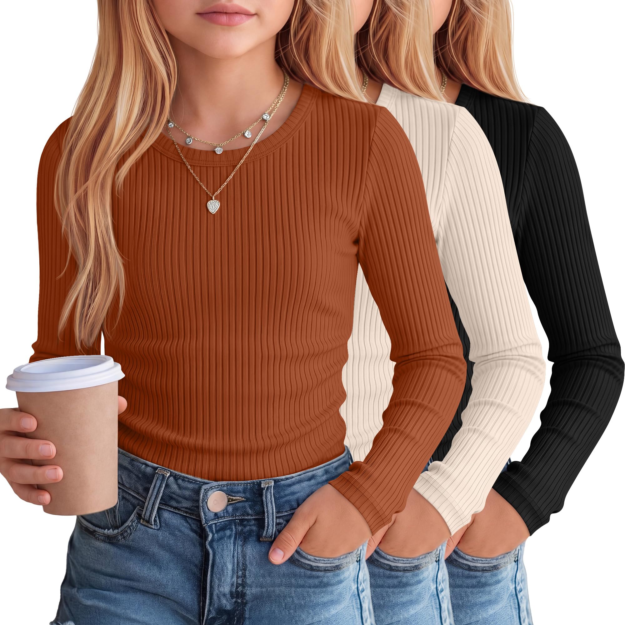 Clabby 3 Pack Magliette Bambina Manica Lunga Costine