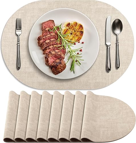 Juego de 8 manteles individuales para mesa de comedor, antideslizantes, resistentes al calor, manteles individuales ovalados de cuero de doble capa,