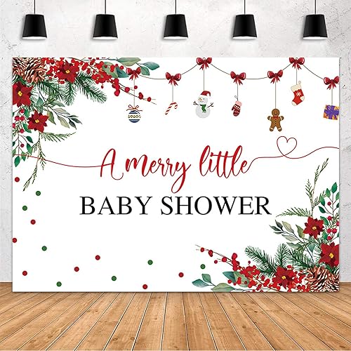 Miniatura 7 de MEHOFOND Telón de fondo de Navidad de 7 x 5 pies para baby shower con texto en inglés "A Merry Little Baby Shower Decoraciones", pancarta roja de