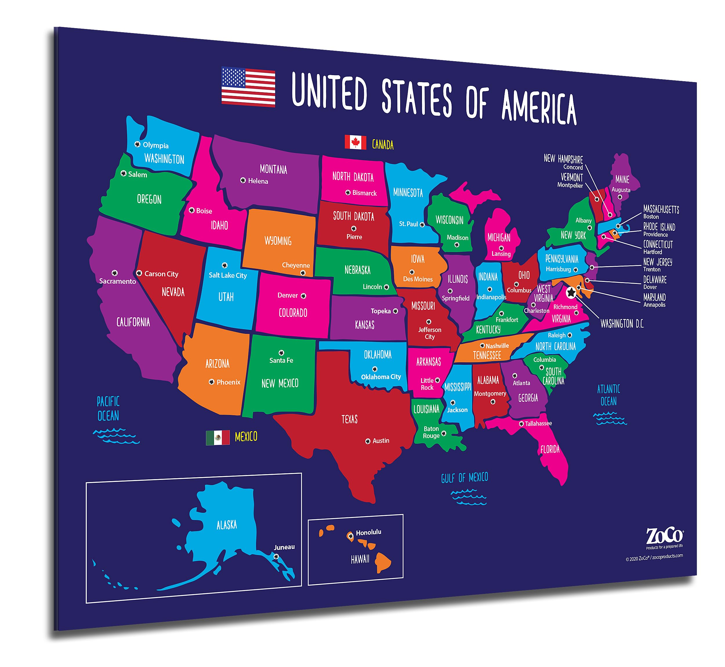 ZOCO – United States Map with Capitals Poster (5-Pack) – Laminated 17x22 – Educational USA Wall Chart for Kids – North America Geography, Social Studies Classroom Decor