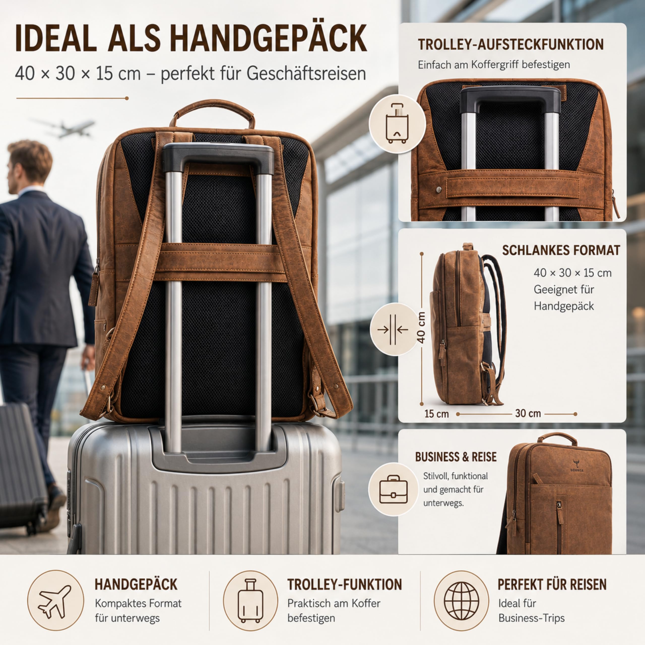 SAXUM Leder Rucksack Herren – Business Laptop Rucksack bis 16 Zoll – Echtleder Lederrucksack mit Laptopfach für Arbeit, Büro, Uni & Reise – geeignet Ryanair Handgepäck 40x30x20 - Braun