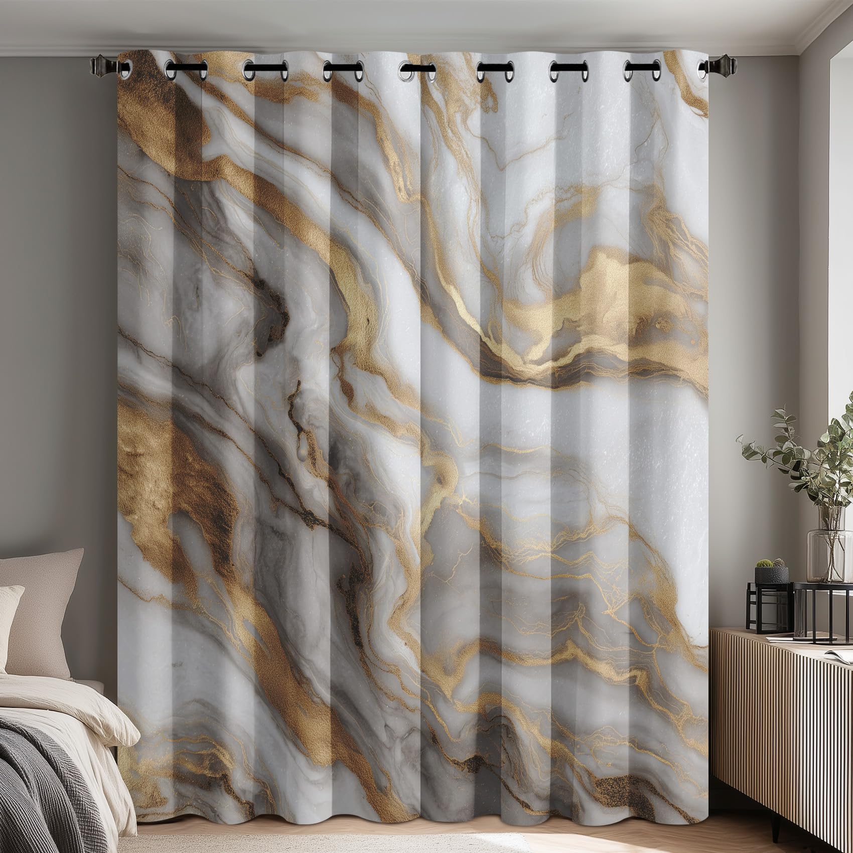 Generisch Weiß Gold Marmor Vorhänge Wohnzimmer, Vorhang Blickdicht Fluid Art Gardinen mit Ösen Schlafzimmer, Thermo Verdunklungsvorhänge 2er Set H240 x B140 cm pw&99
