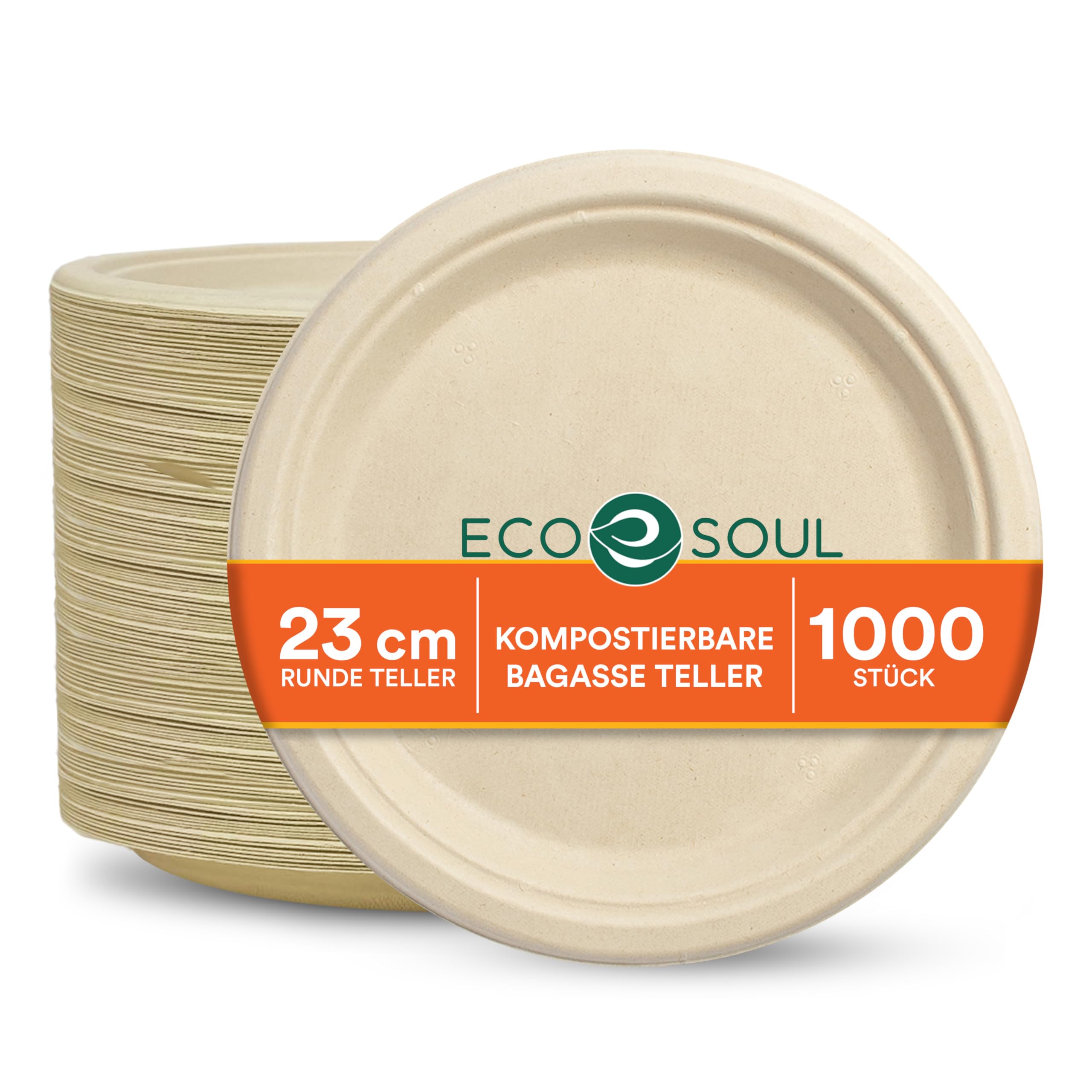ECO SOUL 23 Cm (9 Zoll) Runde Einwegteller [1000 Stück] | 100?% Kompostierbare Bagasse Teller aus Zuckerrohr | Biologisch Abbaubar, Umweltfreundlich, Mikrowellengeeignet & Stabil