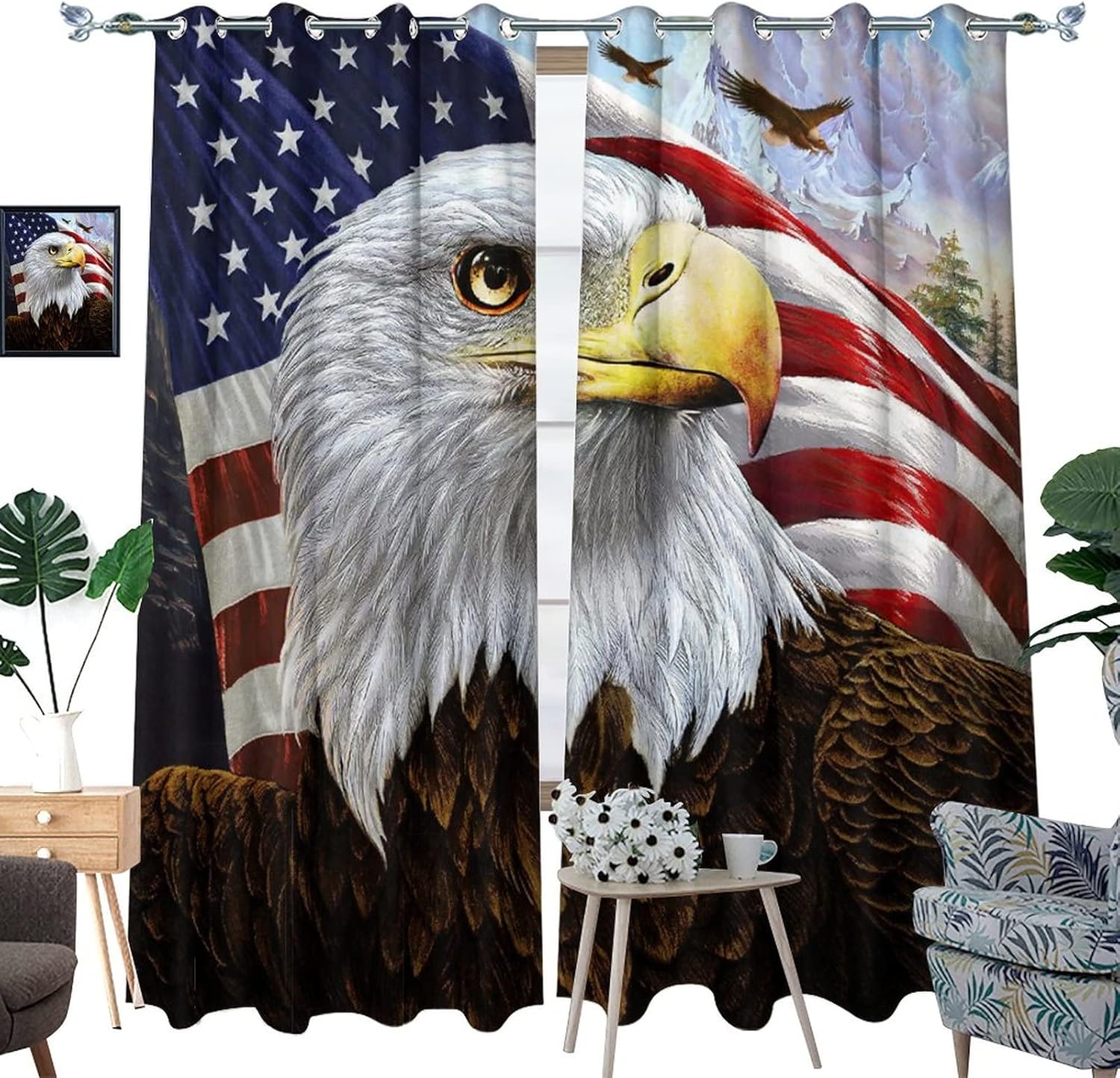 US Flag Eagle Ultra Soft Premier Blackout Curtains,Vintage Oil Painting Forest Wild Animals Bald Eagle American Flag Thermal Insulated Bedroom Noise Reducing Grommet Top,2 Panels 45L x 21W