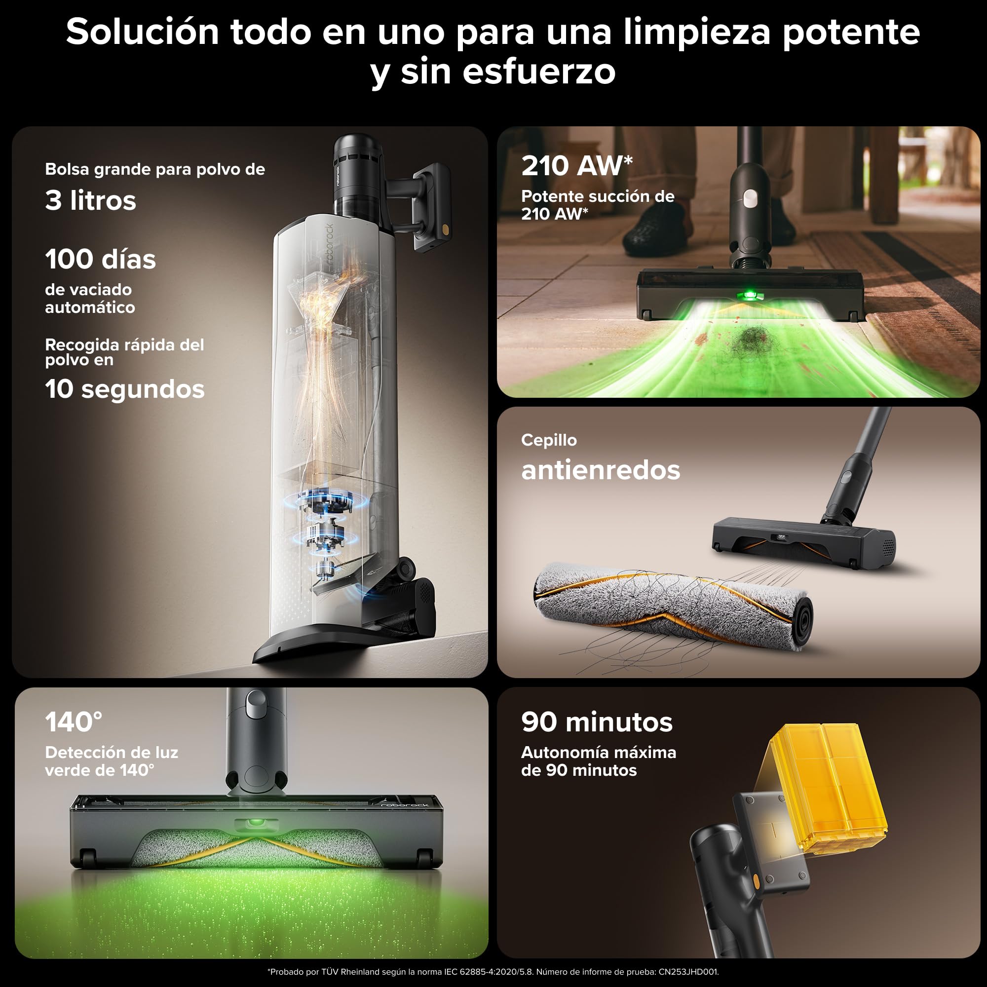roborock H60 Hub Ultra Aspiradora sin Cable con Base de Vaciado Automático, 210 AW Potente Succión, Autonomía 90 min, Cepillo Anti-enredos Multisuperficie, Luz LED 140°, para Pelos de Mascotas y Polvo