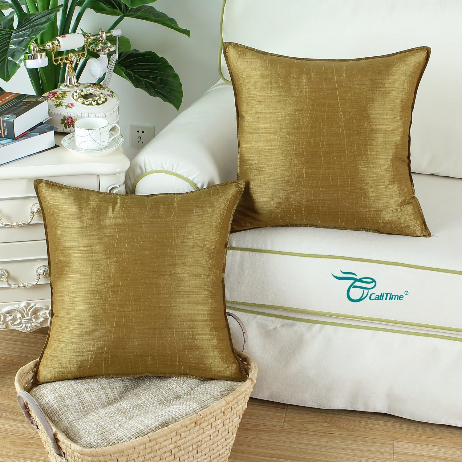 CaliTime Pack of 2 Silky Throw Pillow Covers Cases for Couch Sofa Bed Modern Light Weight Dyed Striped 18 X 18 Inches Gold