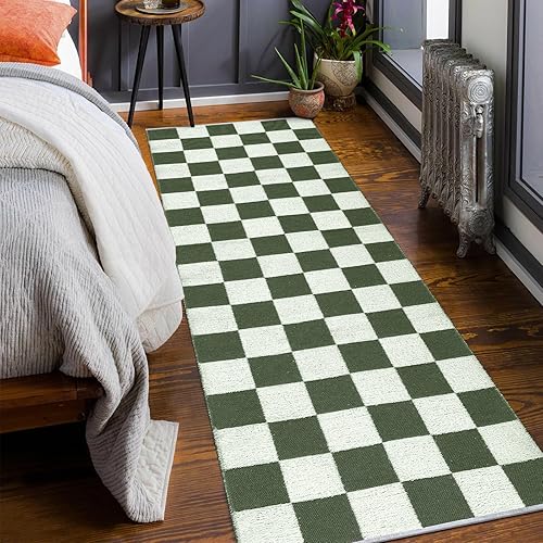 Miniatura 1 de Tiveney Alfombra de pasillo a cuadros, 2.6 x 8 pulgadas, suave, copetuda, verde, larga, alfombra de algodón a cuadros, alfombra moderna de pelo
