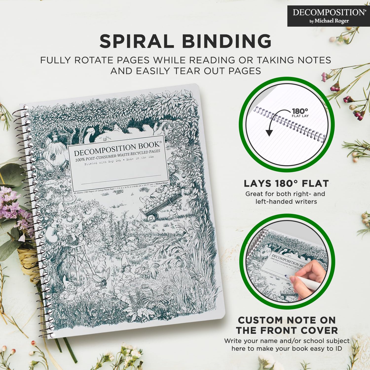 Decomposition Whimsical Garden Pack de 3 cuadernos de espiral con rayas universitarias – Diario de 24,8 x 19,1 cm, 160 páginas rayadas – Papel 100% reciclado – Cuadernos para material escolar, hogar y