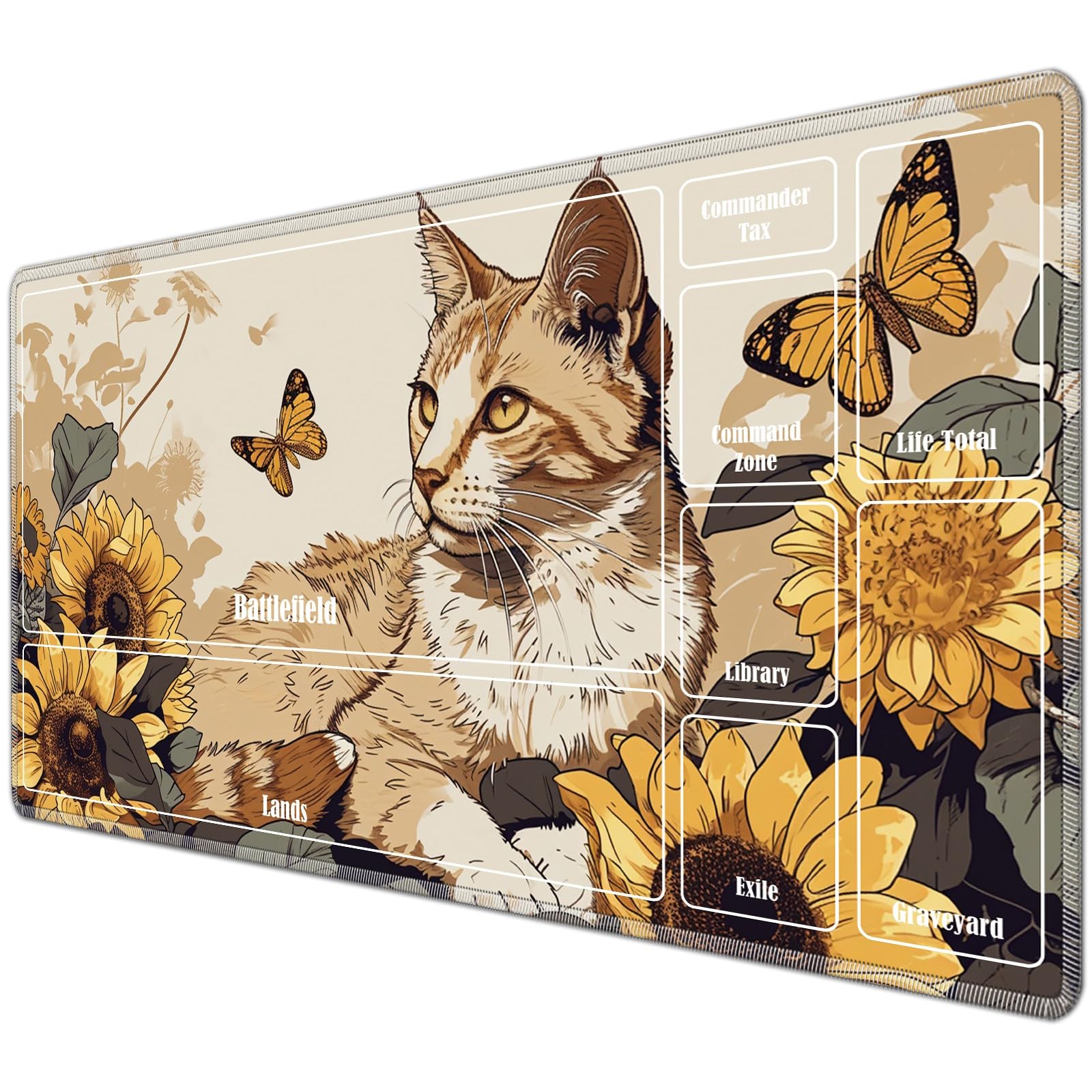 JANENFNA TCG Playmat with Card Zones 24 x 14 inches Mousepad Compatible for MTG Trading Card Game Play Mats Smooth Rubber Surface Magic The Gathering Play Mat, White Cat