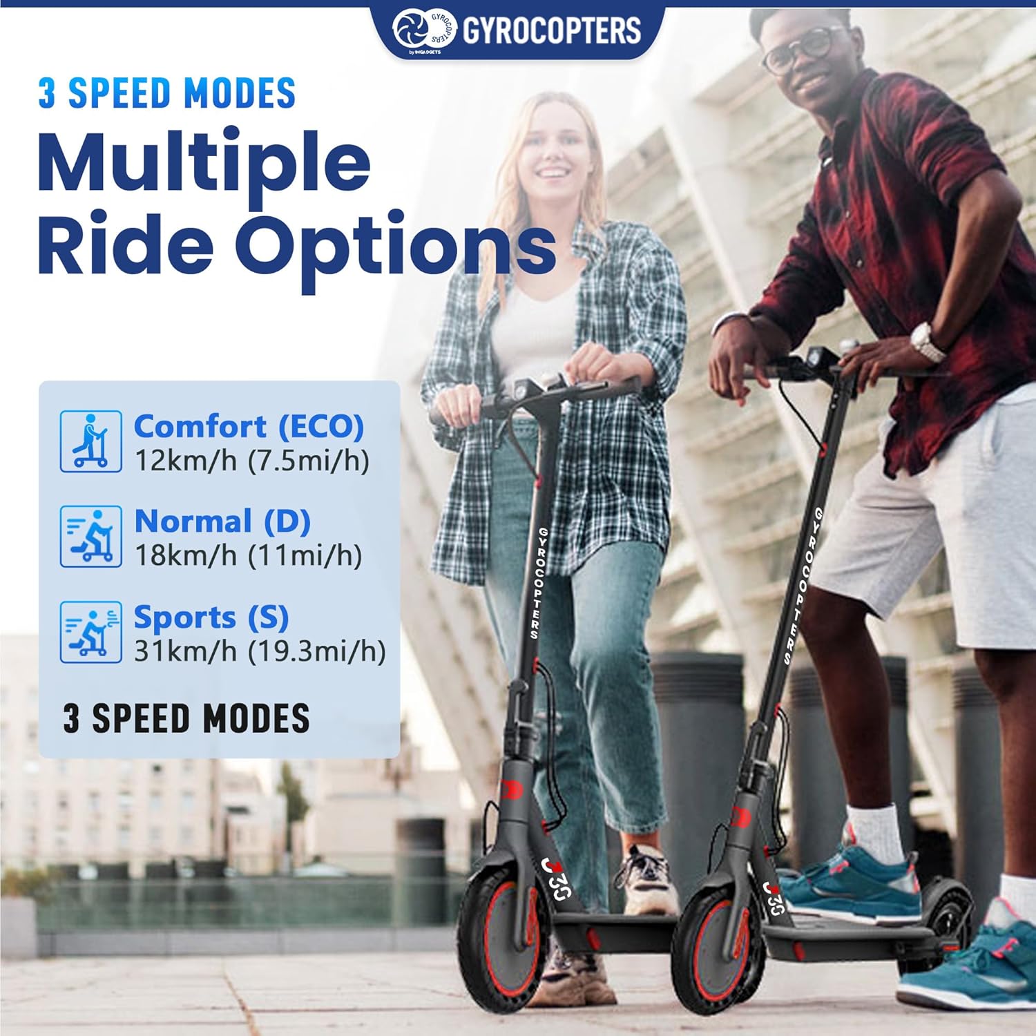 Two Gyrocopters J30 scooters with speed mode descriptions