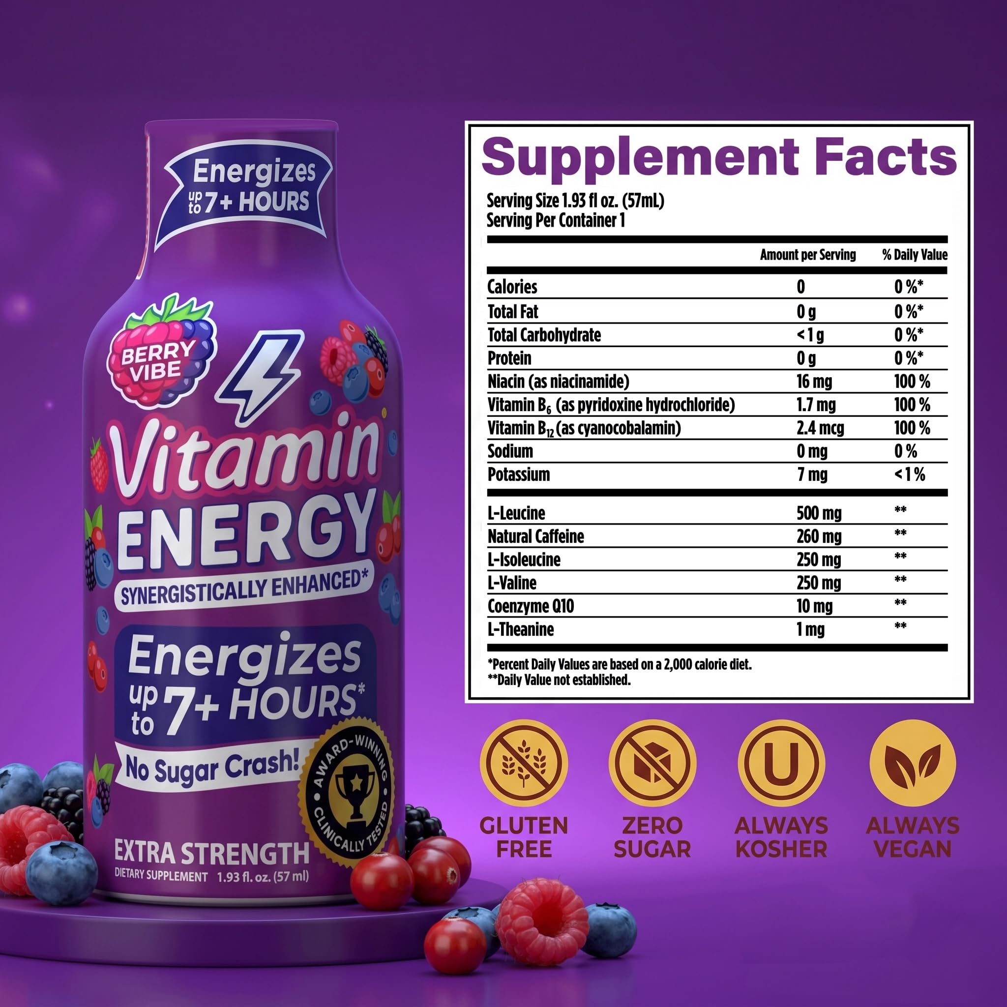 Vitamin Energy Berry Vibe Extra Strength Energy Shot, 12 Pack - Up to 7 Hrs, 260mg Natural Caffeine, Zero Sugar - BCAAs + CoQ10, Focus Support, B12 B6 Niacin, 1.93 fl oz, Keto Vegan — Amazon image 2