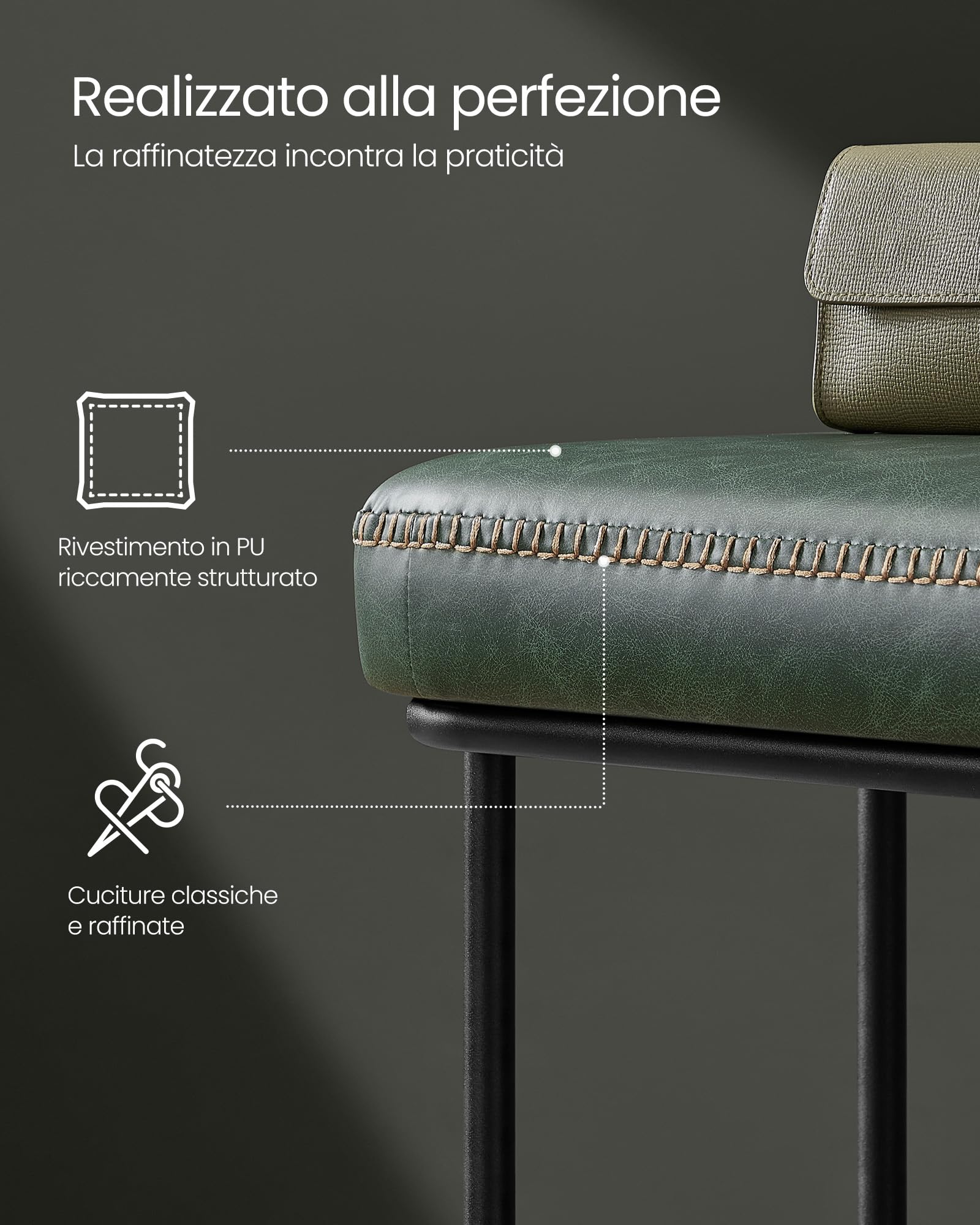 VASAGLE EKHO Collezione - Panca da Ingresso Camera da Letto, PU con Cuciture, Struttura in Acciaio, Soggiorno Sala da Pranzo, Moderno di Metà Secolo, Portata di 300 kg, Verde Foresta LOM073C01
