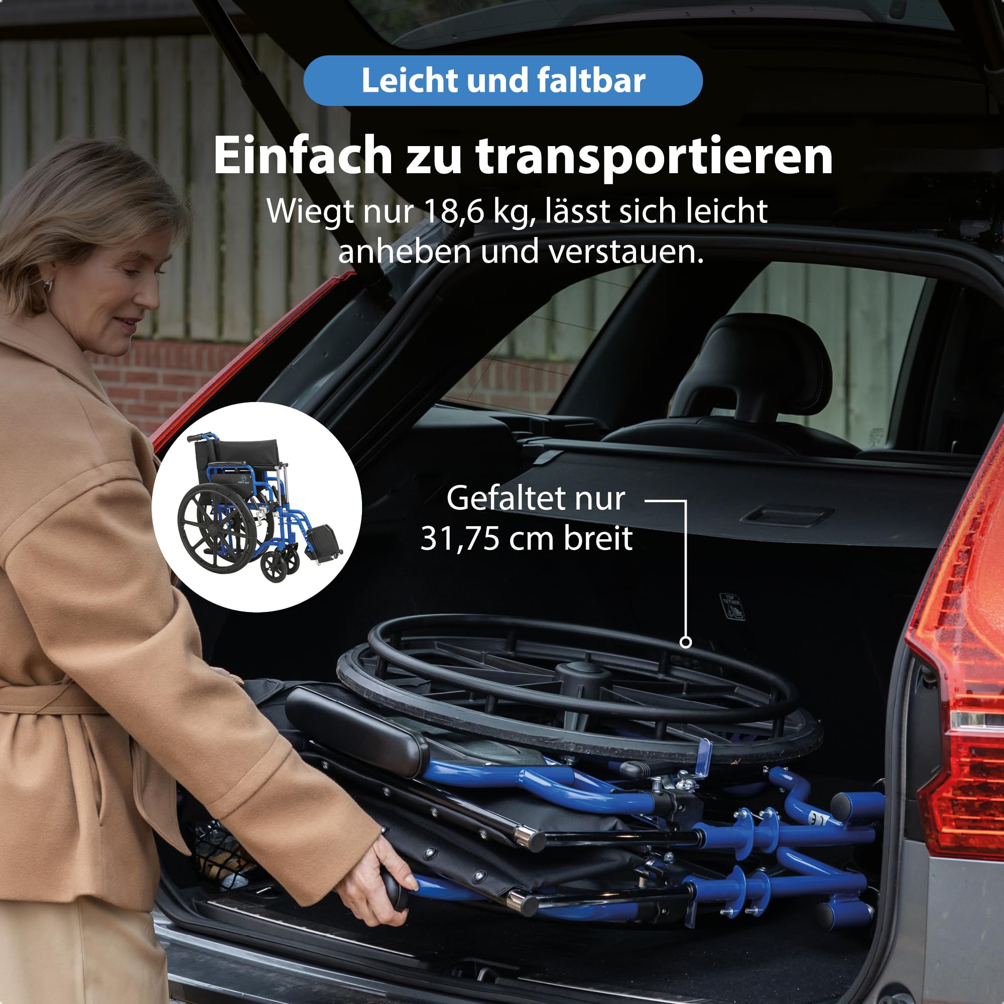 Safe Age® ROLLSTUHL FALTBAR LEICHT: Mit nur 18,6 kg und rund 32 cm Faltbreite passt er in jeden Kofferraum, ideal als Reiserollstuhl