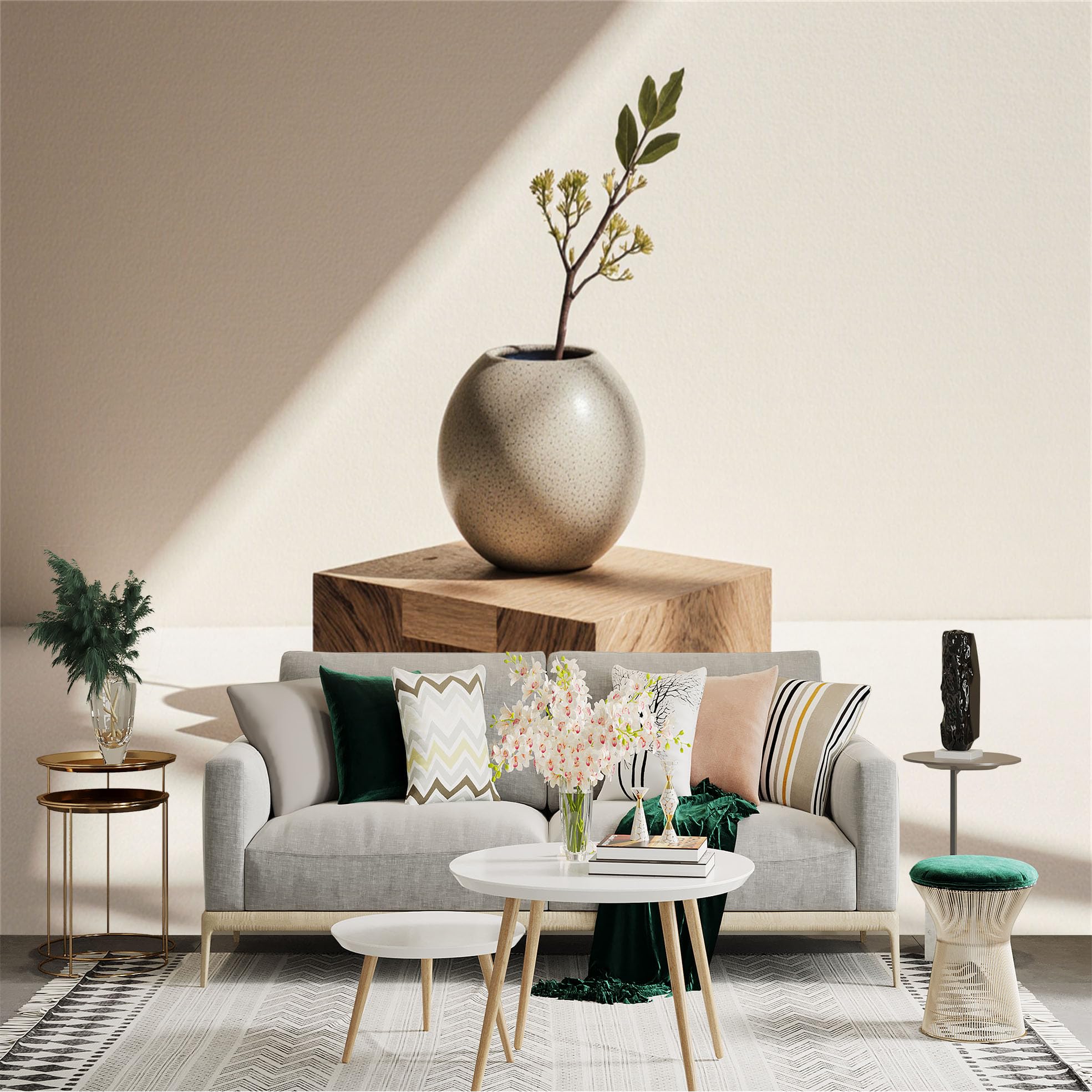Custom Size Wall Sticker Mural， Minimalist Ceramic Vase， Small Plant Branch， Modern Wooden Pedestal， Natural Sunlight Shadow， for wall Decoration， peelandstick wall Decals.