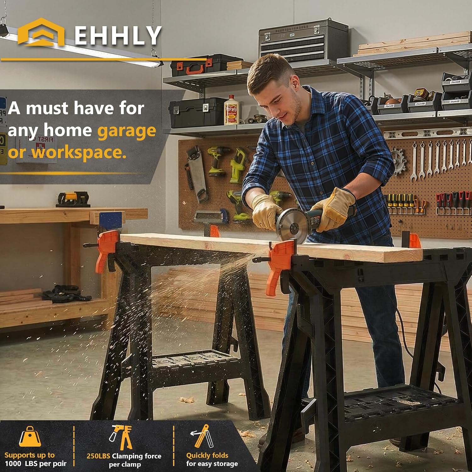 EHHLY Folding Saw Horses 2 Pack, Heavy Duty Clamping Sawhorse with Removable 18 Inch Bar Clamps, 1000 LBS Total Load Capacity, Built-In Tool Tray and Cord Hooks