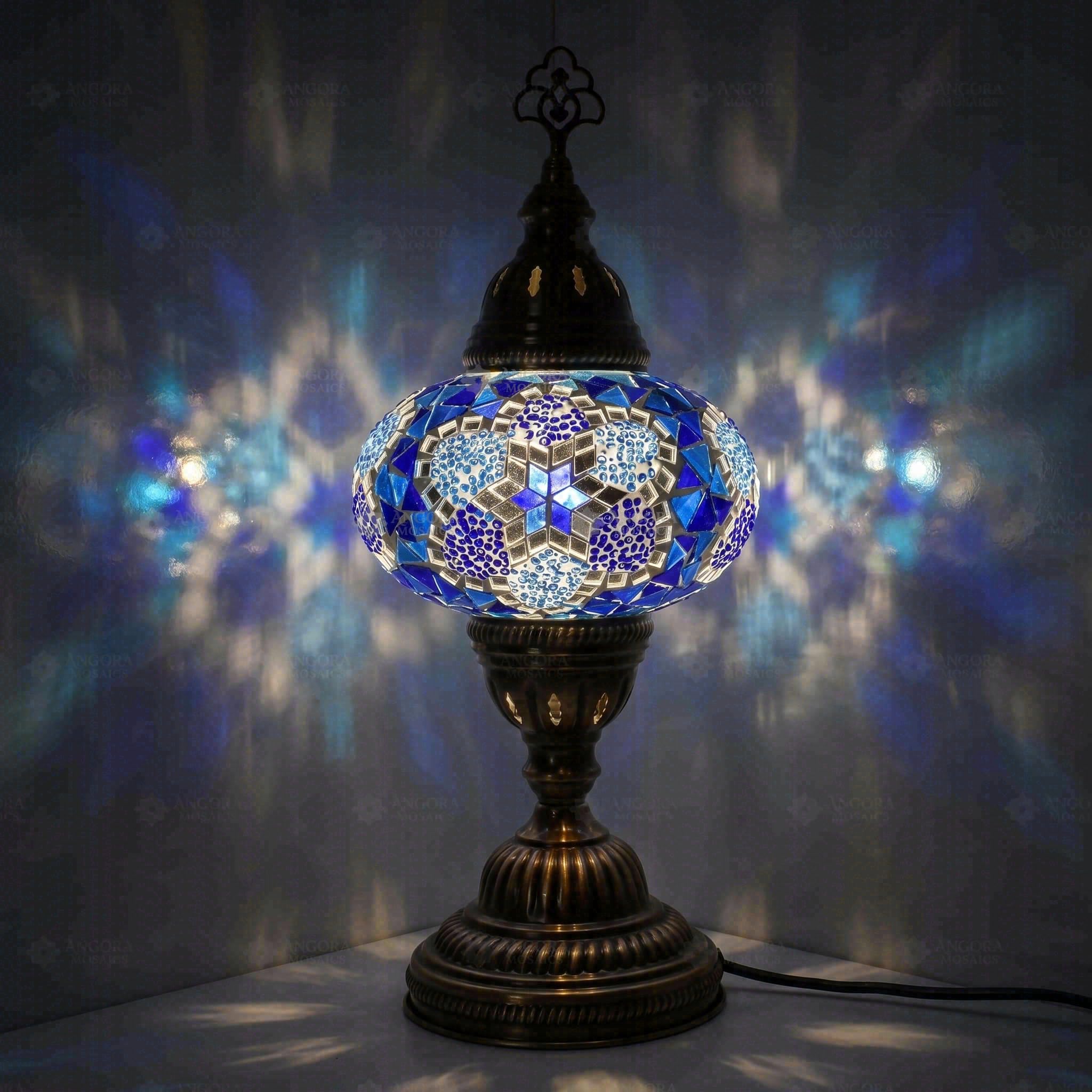 ENVA Lampada da tavolo a mosaico turco blu, lampada da tavolo in vetro mosaico fatto a mano, motivo geometrico a stelle, lampada da comodino stile bohémien marocchino
