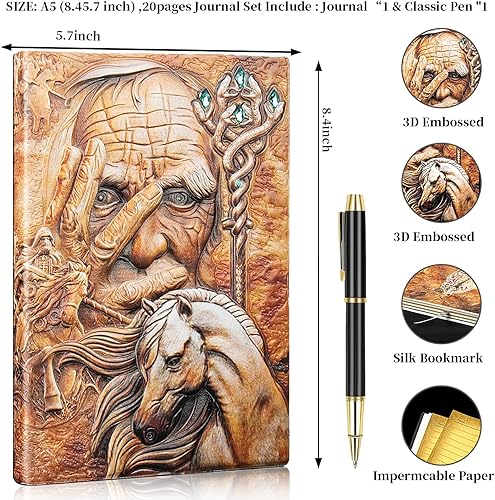 Miniatura 2 de Cuaderno de cuero con relieve 3D vintage de caballo y hechicero, diario de viaje A5 con bolígrafo y recambio de bolígrafo, funda para bolígrafo,