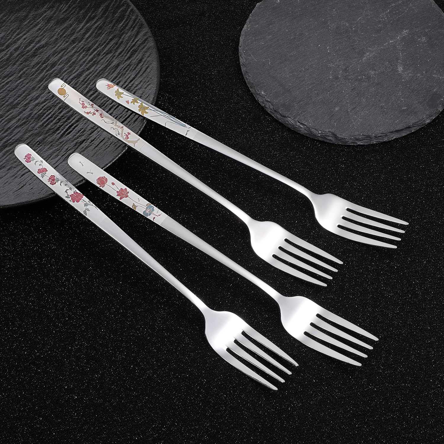 4Pcs 8" Korean Forks Stainless Steel, Silverware Flatware Cutlery Dessert Forks Salad Fork with Flower Pattern Use for Kitchen, Home, Wedding, Party, Dishwasher Safe