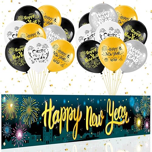 HOWAF Cartel colorido de feliz año nuevo 2025 fuegos artificiales con globos de Año Nuevo para decoraciones de Año Nuevo 2025, decoraciones de Año