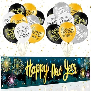 HOWAF Happy New Year Yard Sign Banner with Balloons, Firework Happy New Year Fence Banner with New Year Latex Balloons for Happy New Year Decorations 2024, New Years Eve Party Supplies Banner Set