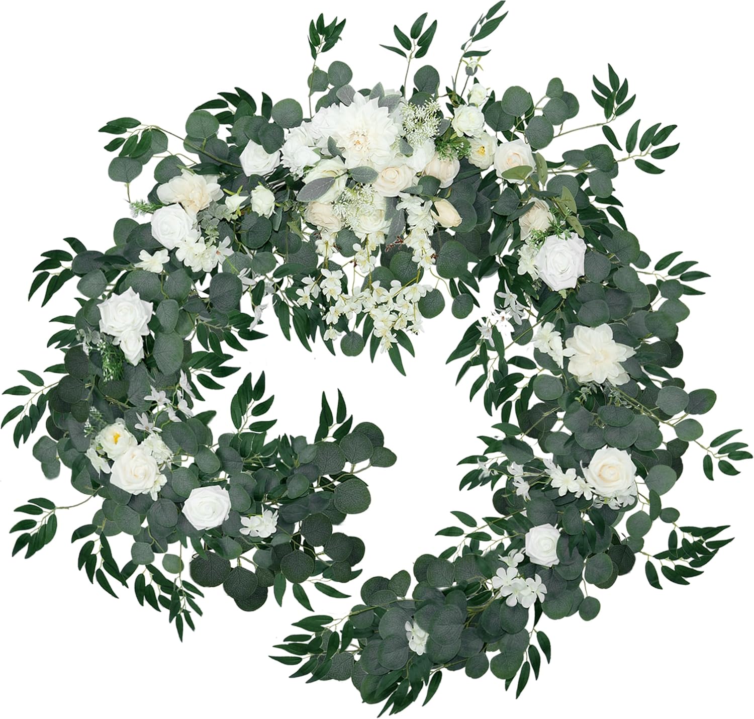White 9FT Artificial Eucalyptus Garland with Flowers, Arch Flowers for Wedding Ceremony, Sweetheart Table Centerpieces, Head Table Decor, Arch Backdrop Wedding Decorations