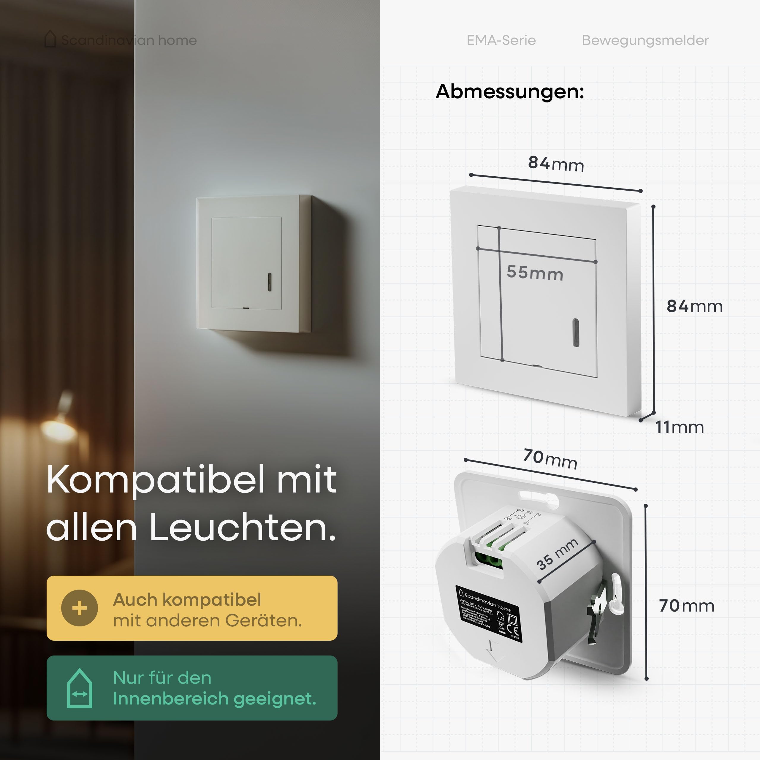 Scandinavian home czujnik ruchu do wnętrz – czujnik ruchu HF włącznik światła standardowy wymiar 55-180°, wykrywanie 15 m, z techniką 3-przewodową / neutralnym przewodem do LED, montaż podtynkowy