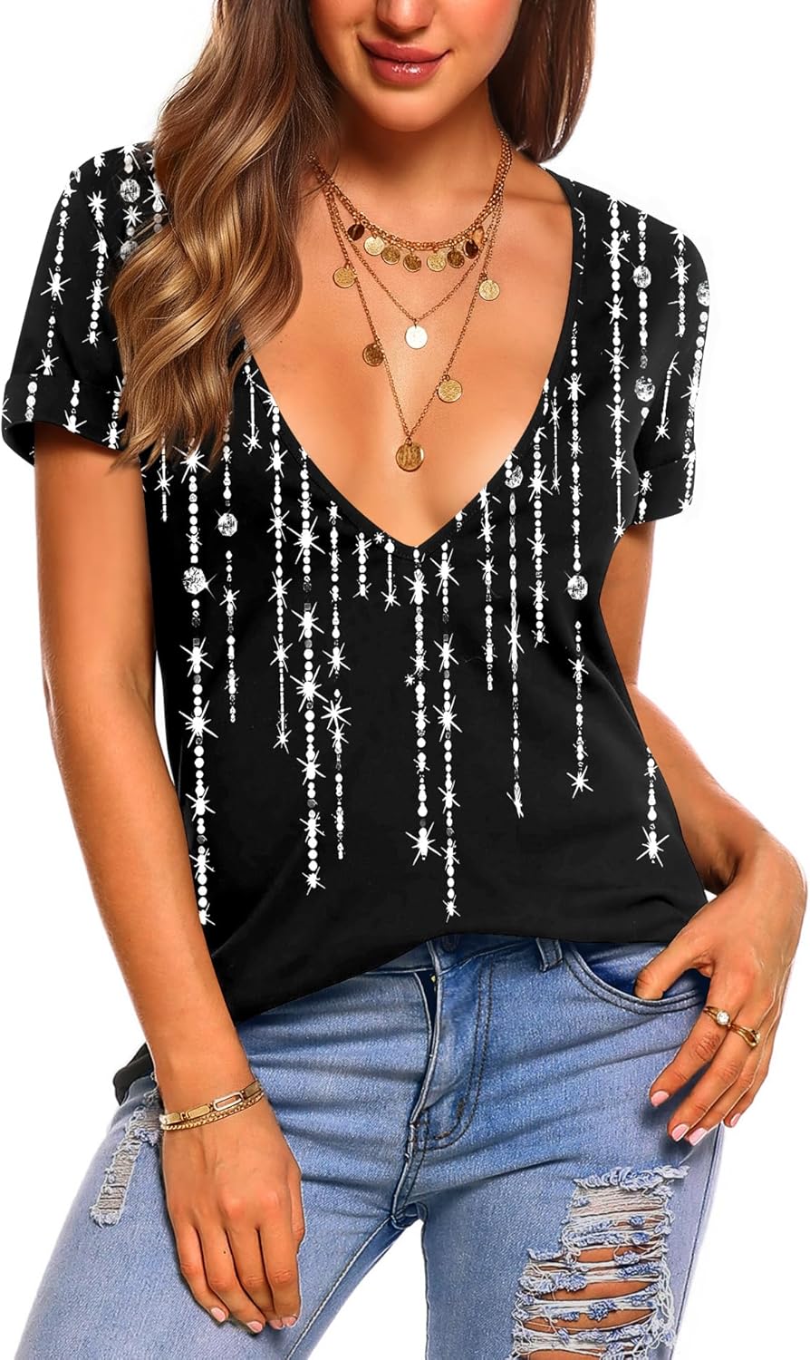 Zeagoo Sexy Tops for Women Deep V Neck Shirts Summer Low Cut Top Short Sleeve Tshirts Trendy Clothes Fashion Clothing