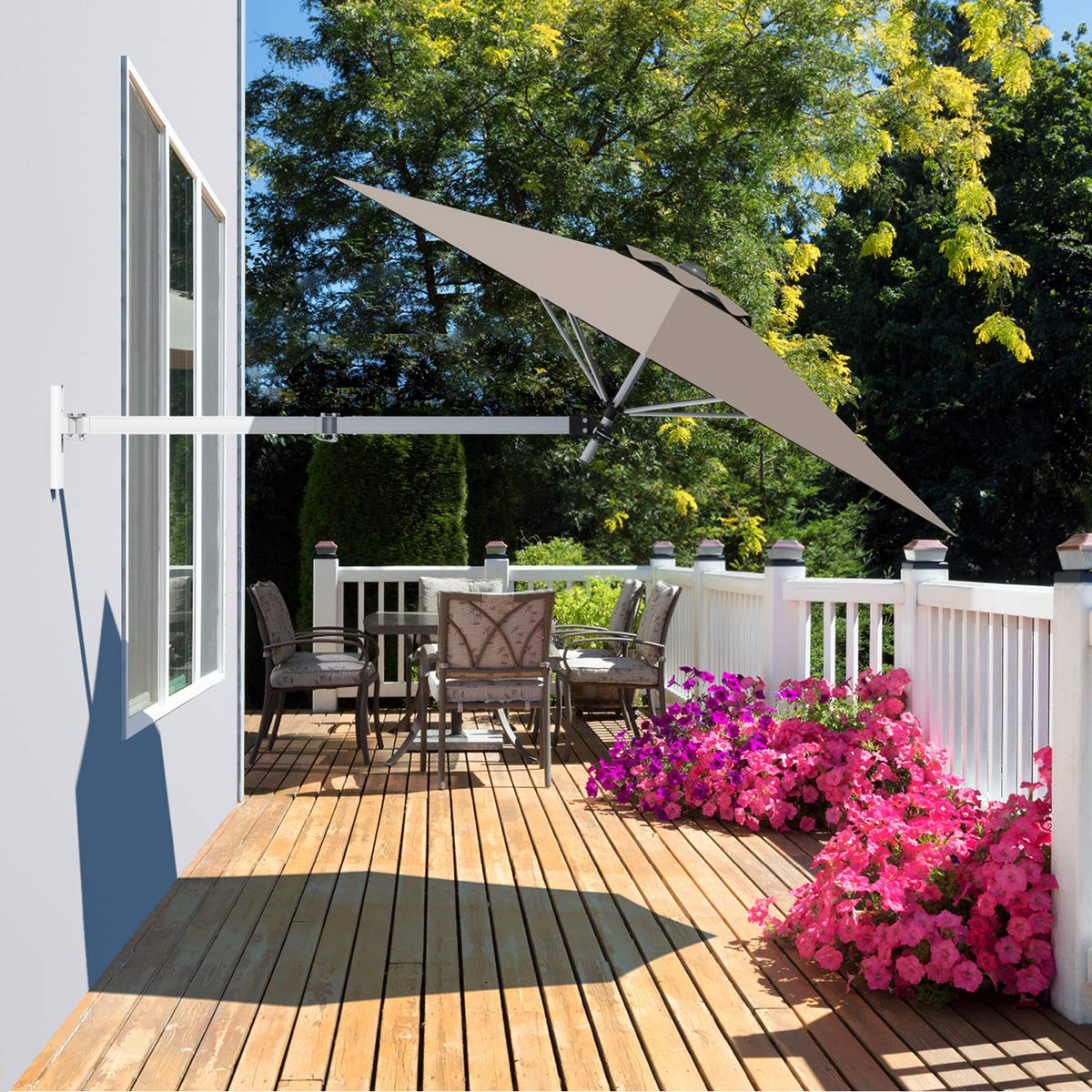 GYMAX Ombrellone da Parete a Braccio, con Testa Inclinabile e Supporto Regolabile, Ombrellone da Esterno con 8 Costole Robuste, per Balcone, Giardino, Cortile