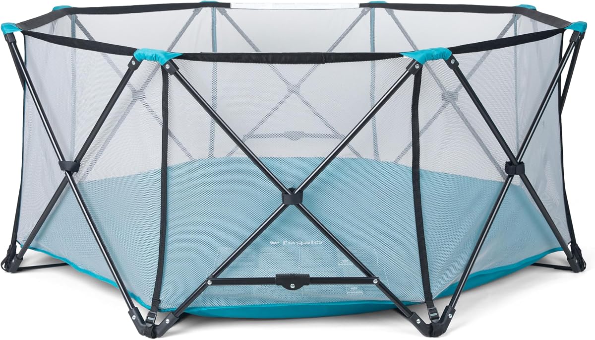 Regalo Safety My Play Deluxe Parque infantil extra grande para bebés y patio de juegos portátil, parque infantil plegable de 8 paneles para interiores y exteriores para bebés y niños pequeños, laterales de malla, fondo de nailon lavable, 62 pulgadas, aguamarina/negro