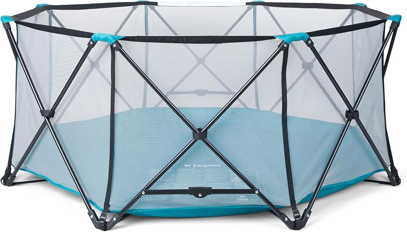 Regalo Safety My Play Deluxe Parque infantil extra grande para bebés y patio de juegos portátil, parque infantil plegable de 8 paneles para interiores y exteriores para bebés y niños pequeños, laterales de malla, fondo de nailon lavable, 62 pulgadas, aguamarina/negro