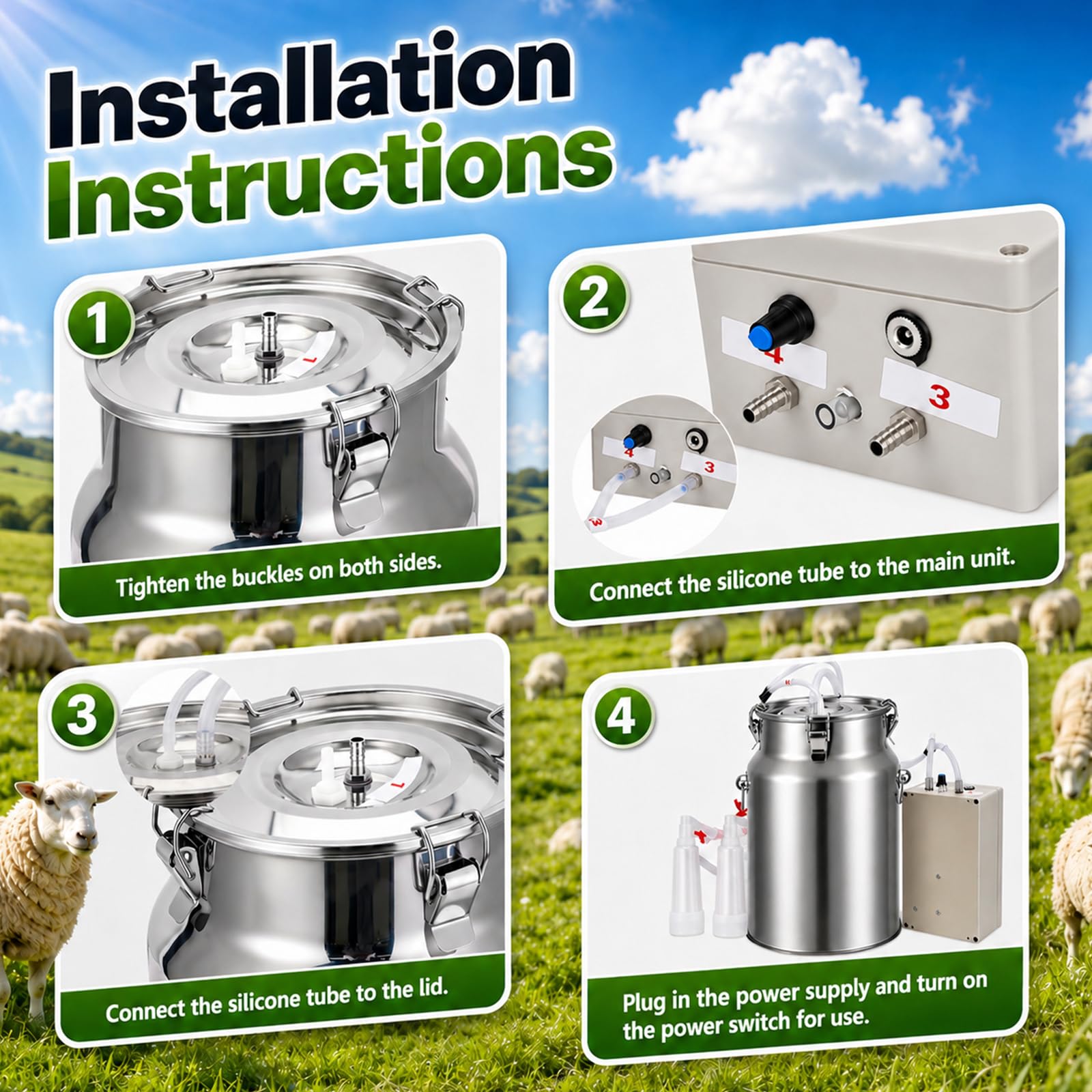 Machine à lait de chèvre électrique de 10 l avec pulsateur, machine à traire pour chèvres avec 2 gobelets en silicone de 20 mm, outils de nettoyage, arrêt automatique du lait complet, pour la maison