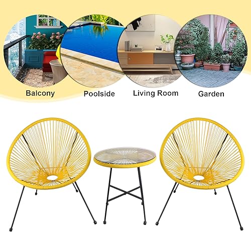 Miniatura 5 de Juego de sillas Acapulco de 3 piezas para exteriores, silla ovalada de ratán con marco de acero, mesa superior de cristal y 2 sillas, juego de