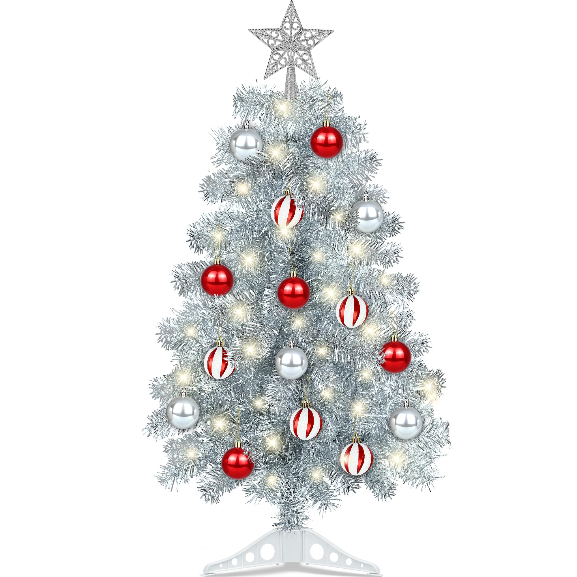[Timer &amp; 8 Modes] 3FT Silver Small Christmas Tree with 50 Warm White Lights, Silver Xmas Tree with Star Topper &amp; 15 Ball Ornaments Xmas Trees Decorations
