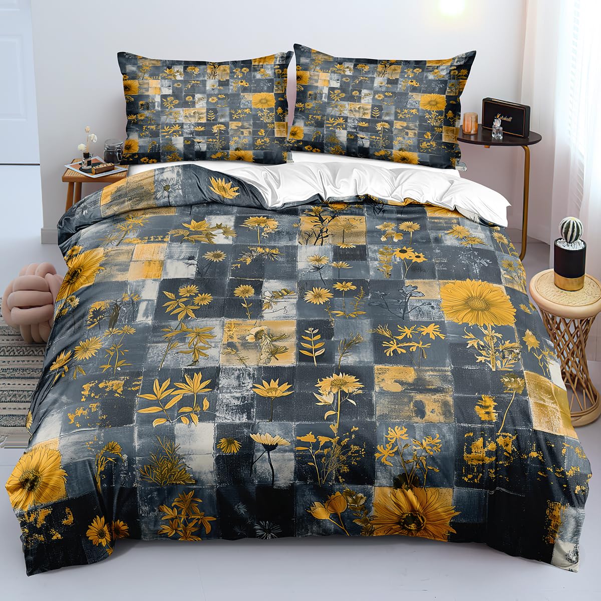 Housse de couette tournesols style boheme vintage gris et fleurs jaunes
