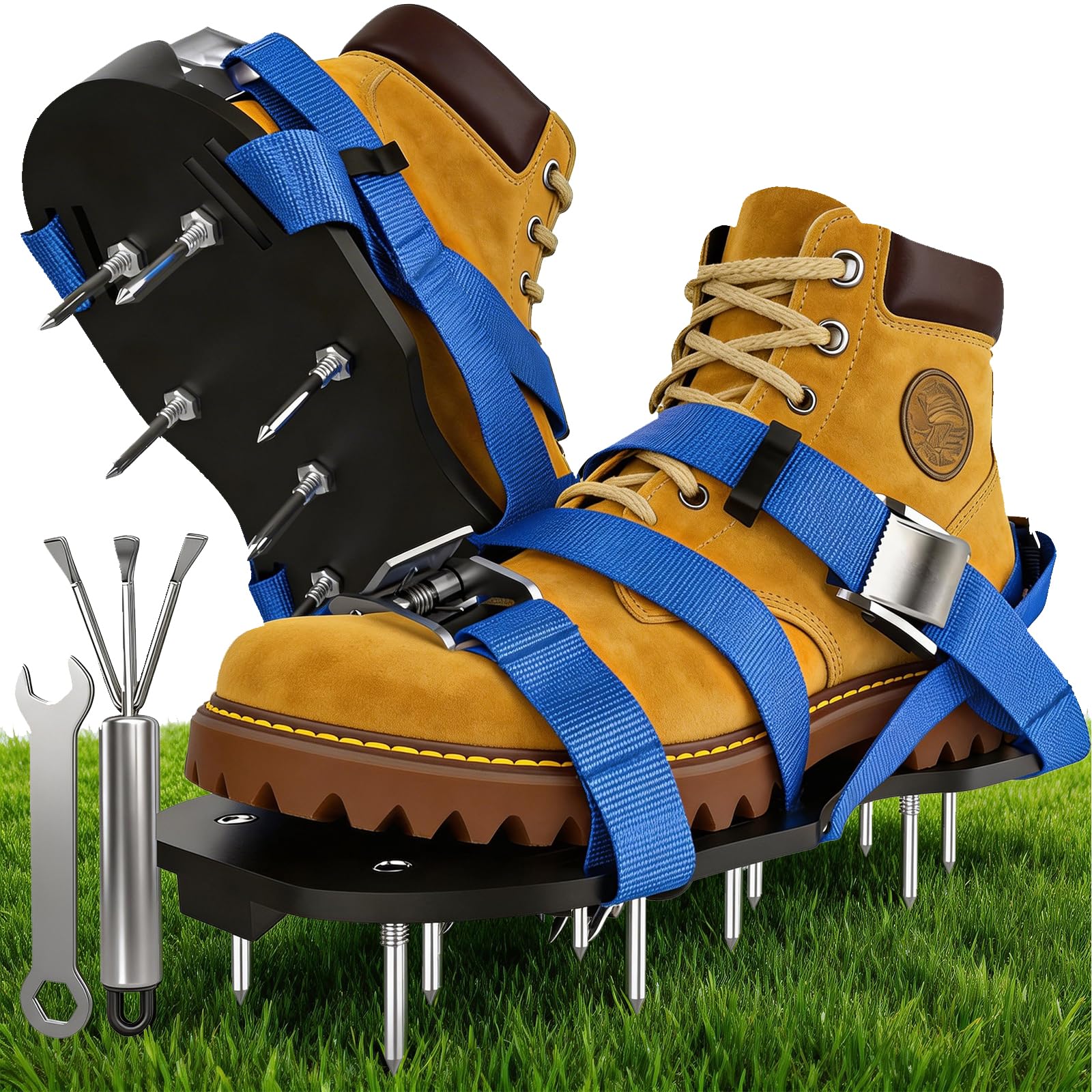 Lawn Aerator Shoes Upgraded Heavy Duty Metal Buckle Soil Spike Aerating Shoe Adjustable Straps Universal Size Scarifier Mud Shovel Lawns Tool for Yard Patio Garden, Nail 2.24"/5.7cm (Black) — view 8