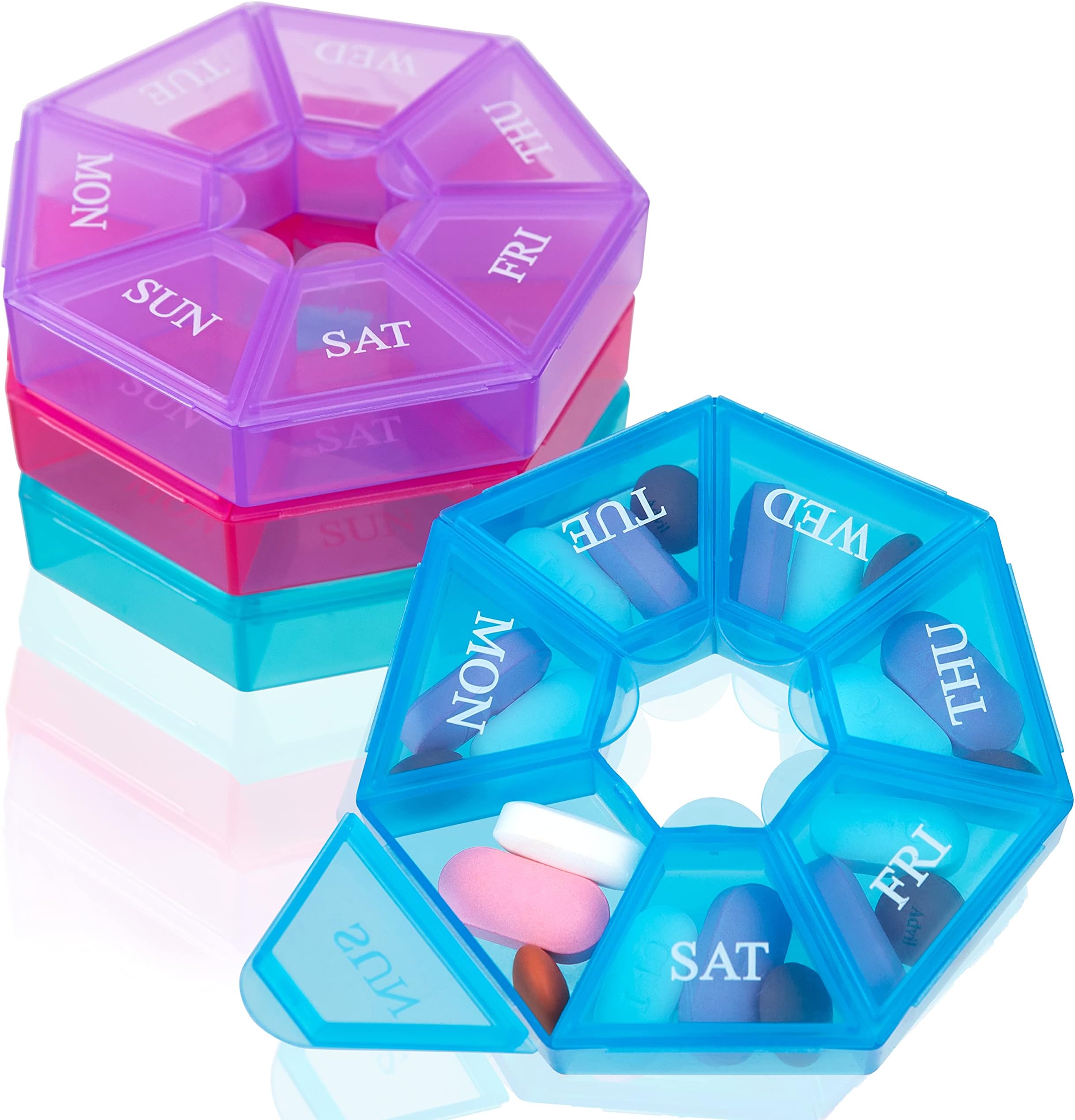 4 pk Pill Box, Pill Organizer, Pill Case, Pill Container, Weekly Pill Organizer, Pill Holder, Pill Box 7 Day, Pill Dispenser, Portable Small for Pocket or Travel - Pills Medication & Vitamins Holder