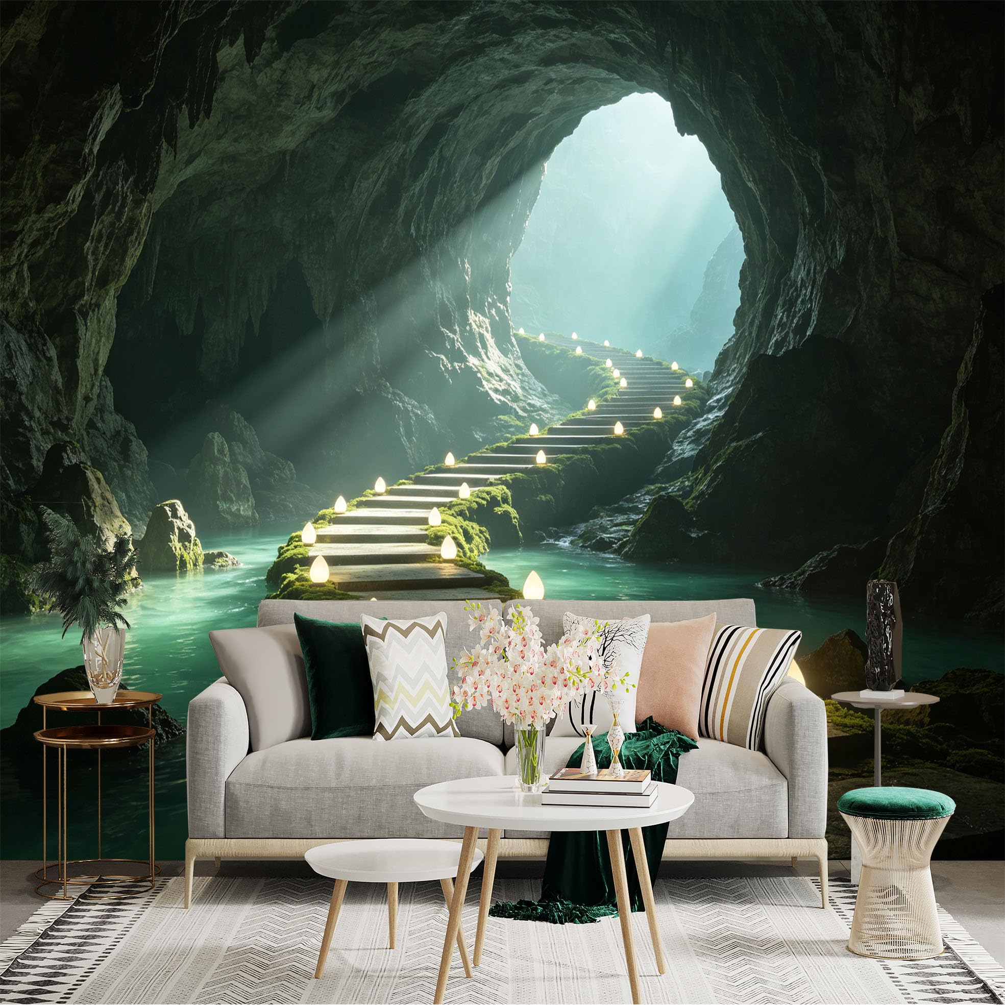 Custom Size Wall Sticker Mural， Enchanted Cave with Glowing Pathway， Mystical Stone Steps Over Water， Serene Underground River， for wall Decoration， peelandstick wall Decals.