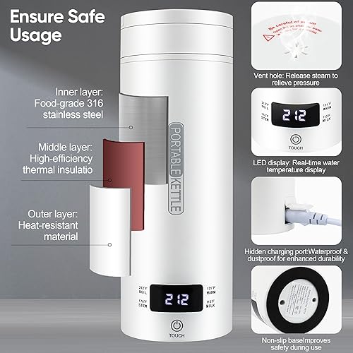 Miniatura 5 de Hervidor eléctrico portátil de viaje, mini hervidor de agua caliente de acero inoxidable 316 de 15.2 fl oz, 4 controles de temperatura, pantalla
